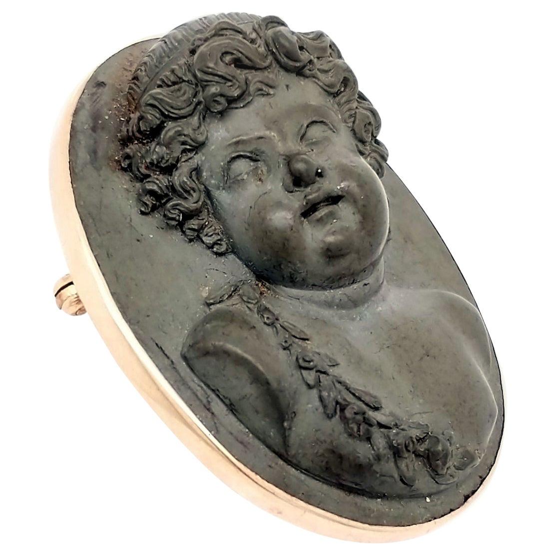 Victorian Carved Lava and 14 Karat Yellow Gold Cameo Attendant of Bacchus For Sale