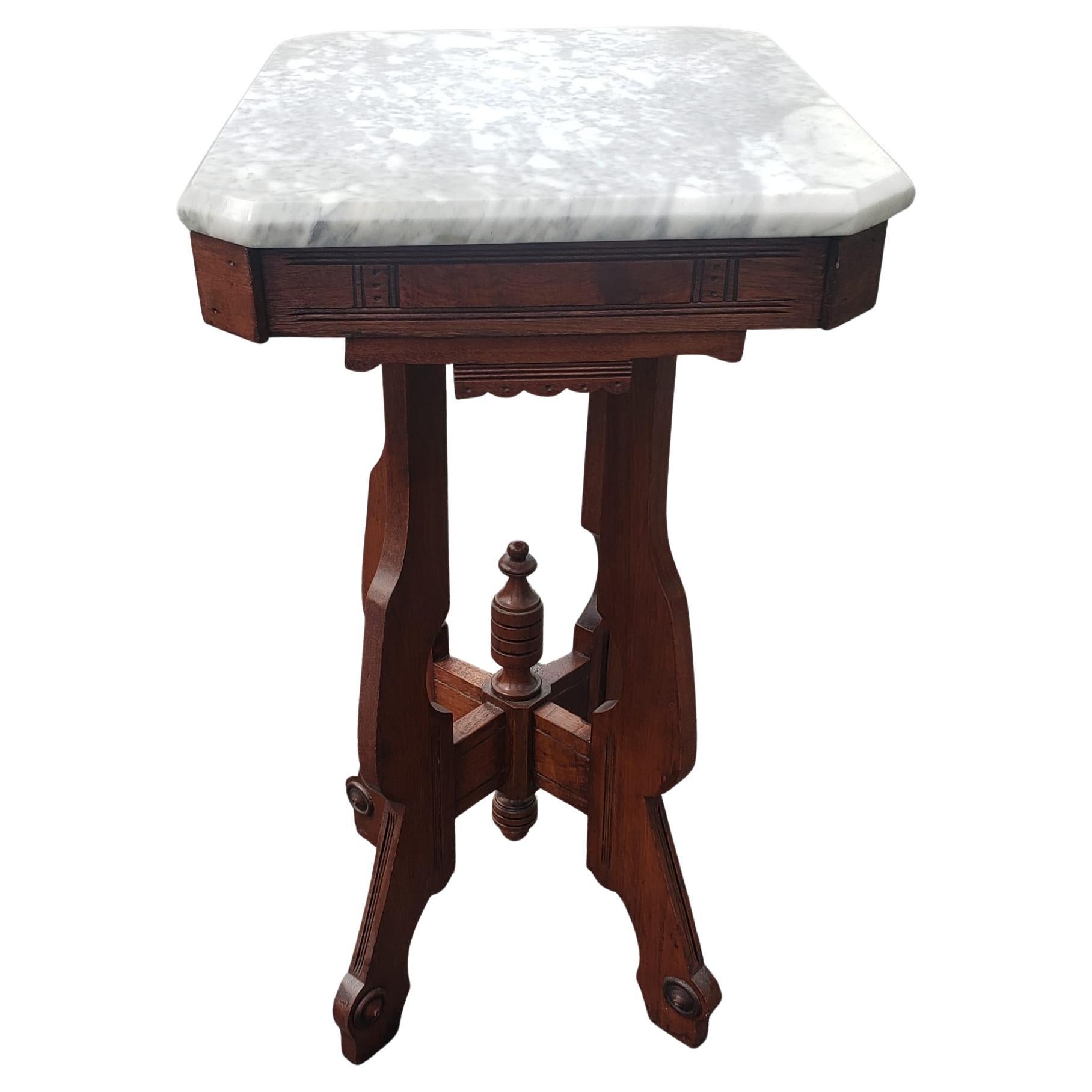 Victorian Carved Mahogany and Marble Top Candle Srand or Side Table