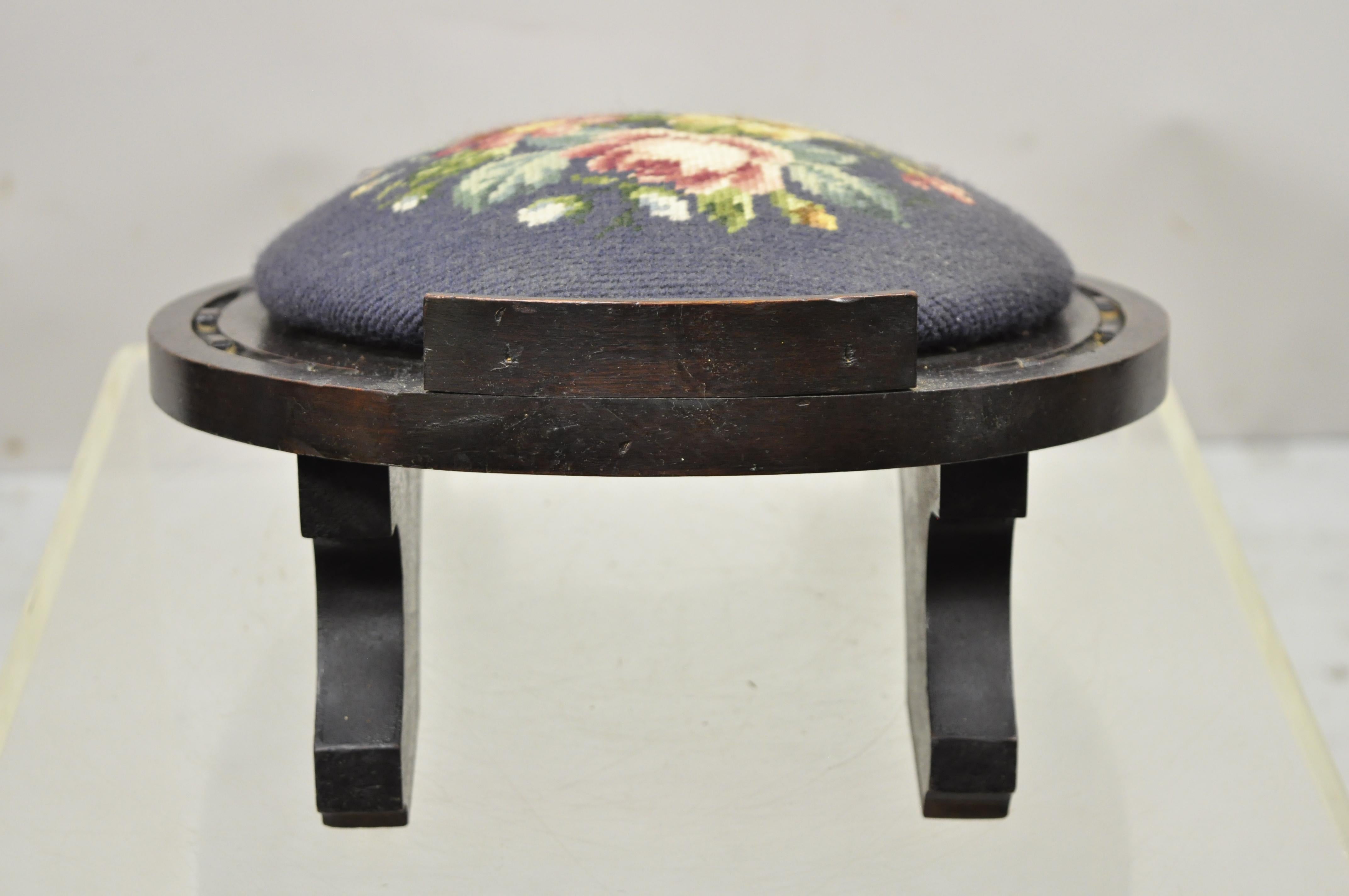 20th Century Victorian Carved Mahogany Horseshoe Needlepoint Gout Stool Footstool Ottoman For Sale