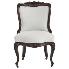 Victorian Carved Mahogany Side Chair on Casters, Newly Upholstered