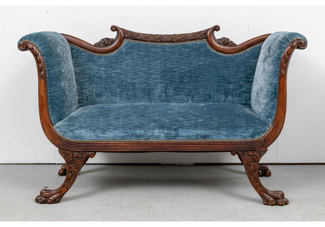 Victorian Carved Mahogany Upholstered Settee In Good Condition In Bridgeport, CT