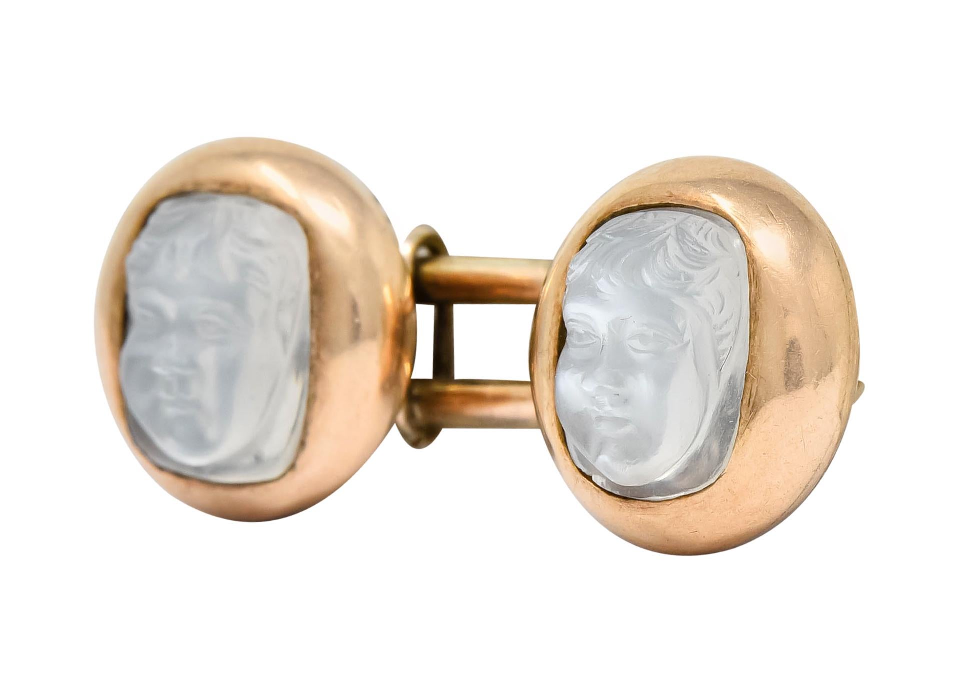 Victorian Carved Moonstone 10 Karat Gold Cameo Men's Cufflinks In Excellent Condition In Philadelphia, PA