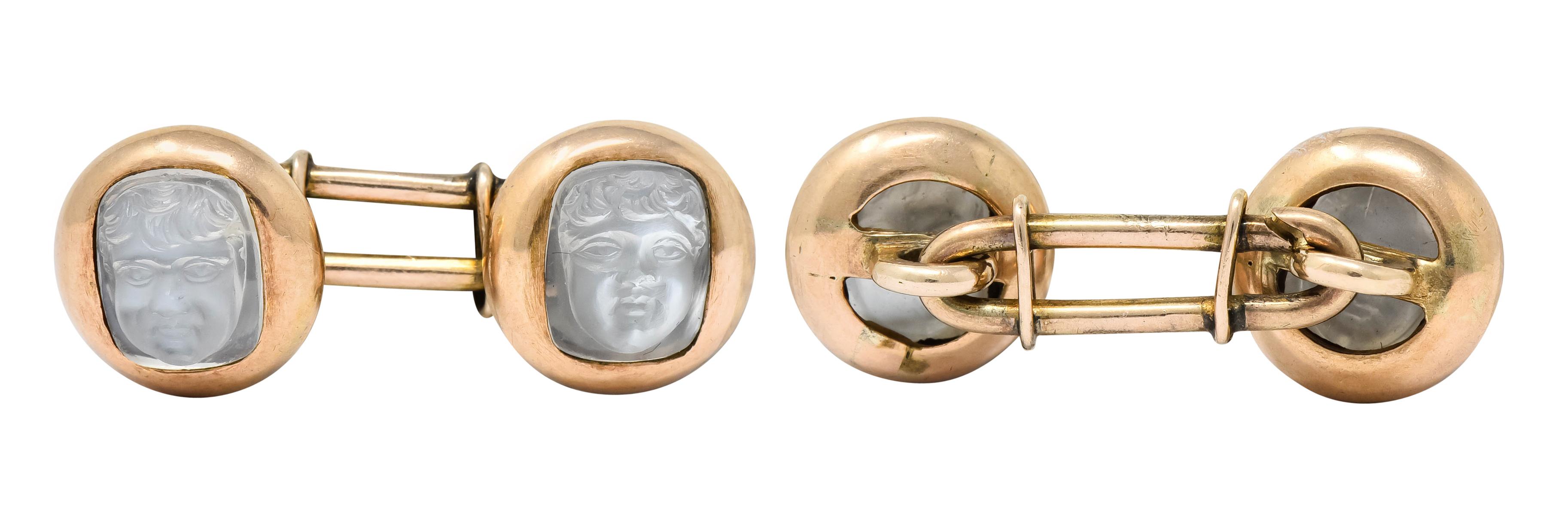 Victorian Carved Moonstone 10 Karat Gold Cameo Men's Cufflinks 3