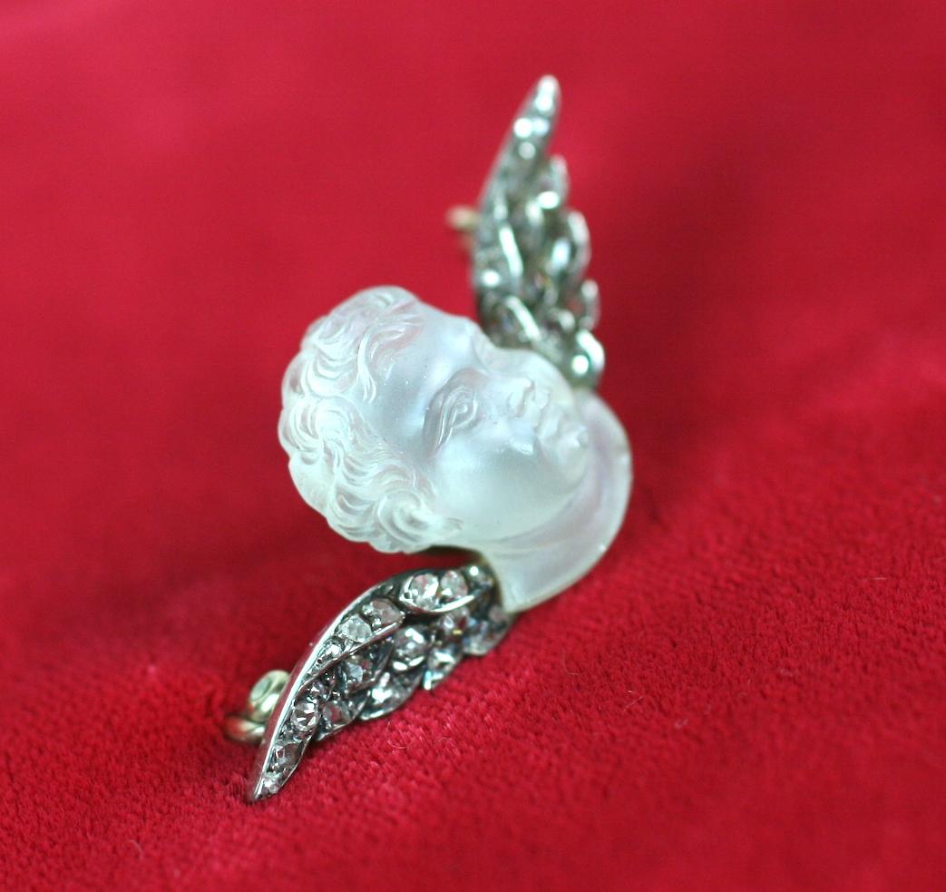 Late Victorian Victorian Carved Moonstone and Diamond Angel For Sale