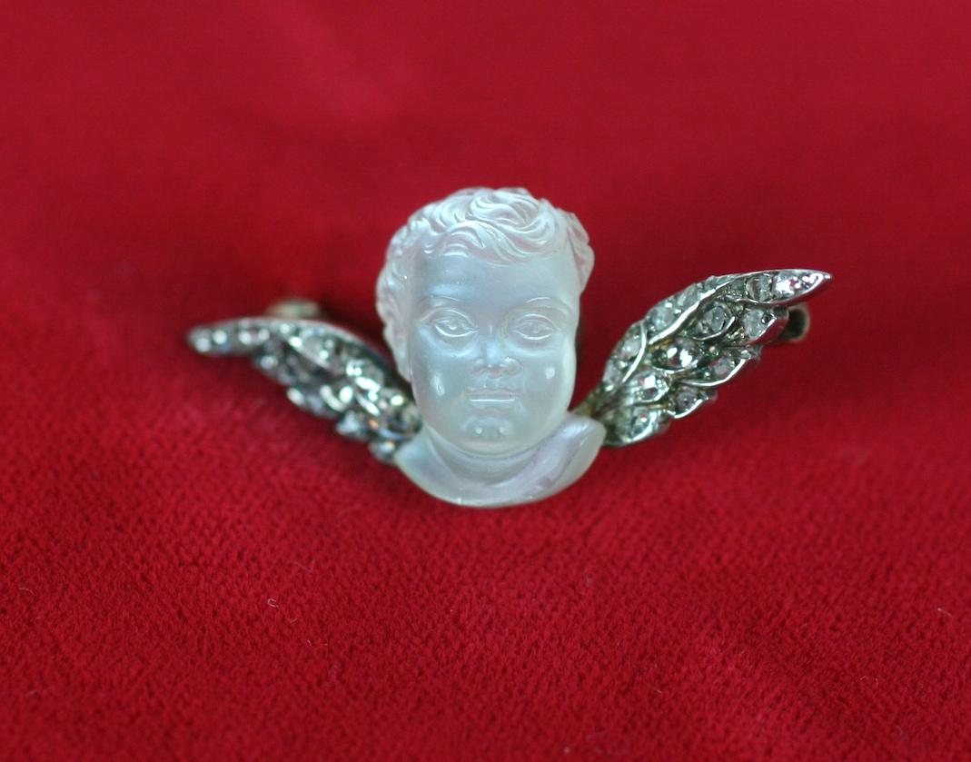 Victorian Carved Moonstone and Diamond Angel In Excellent Condition For Sale In Riverdale, NY