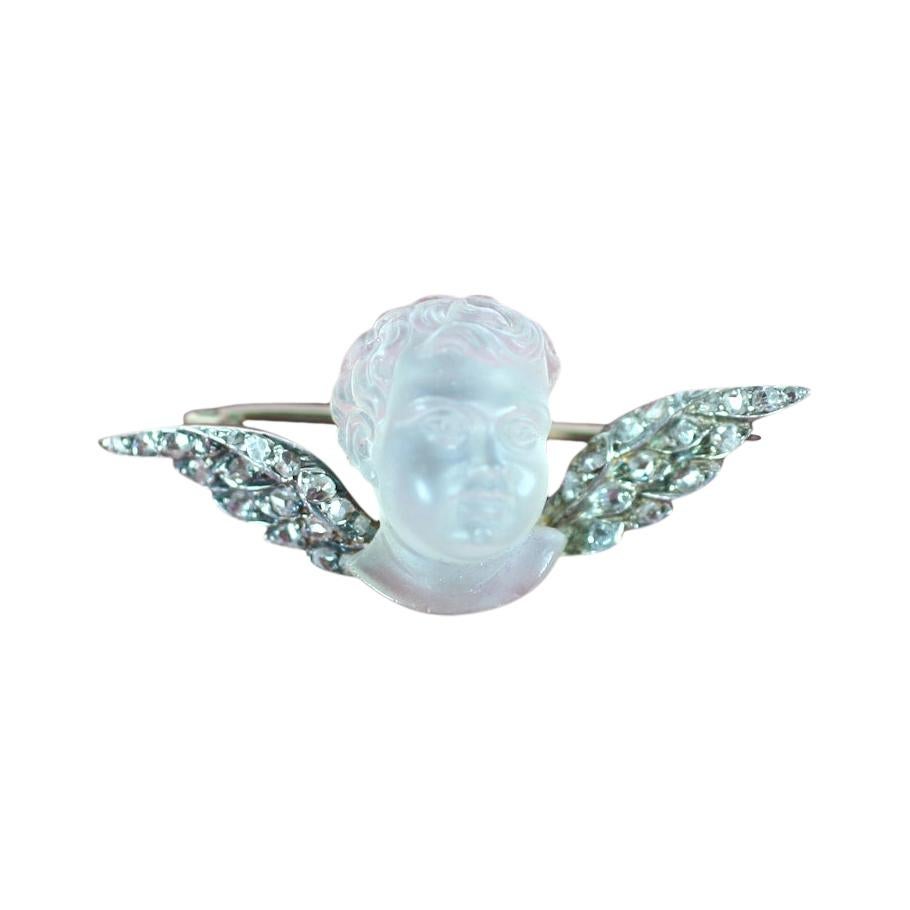 Victorian Carved Moonstone and Diamond Angel For Sale