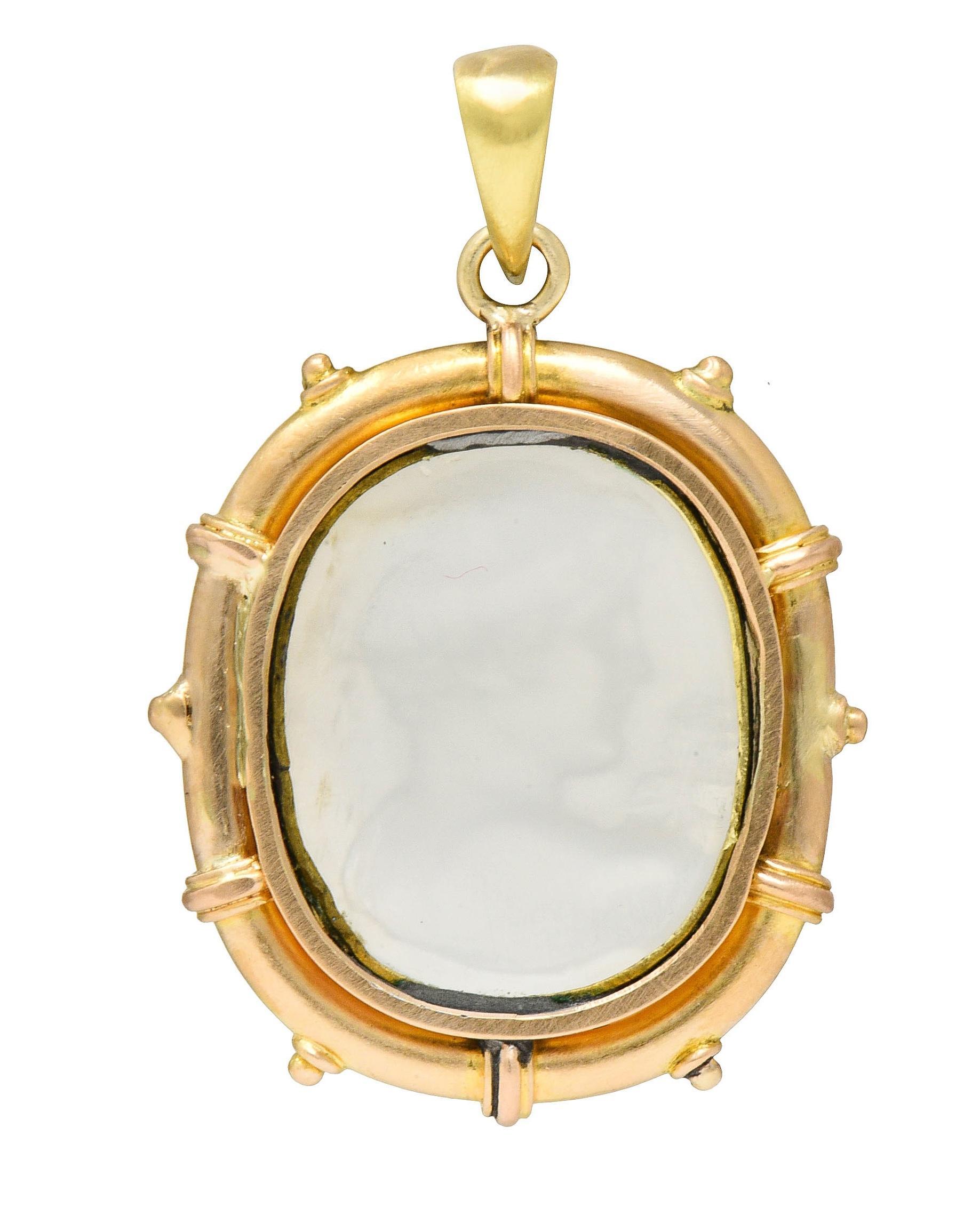 Round Cut Victorian Carved Moonstone Yellow Gold Greek God Hermes Antique Cameo Pendant For Sale