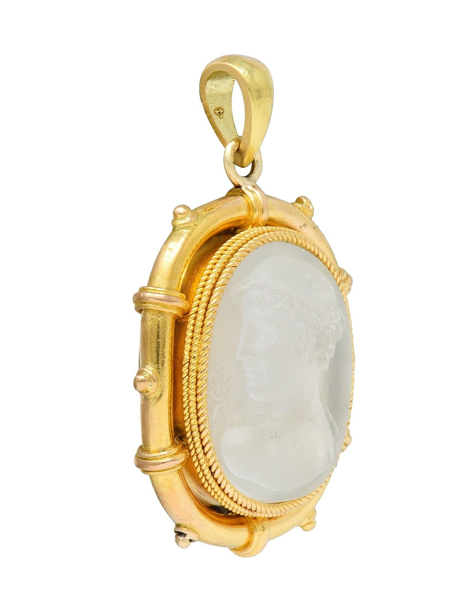 Victorian Carved Moonstone Yellow Gold Greek God Hermes Antique Cameo Pendant In Excellent Condition For Sale In Philadelphia, PA