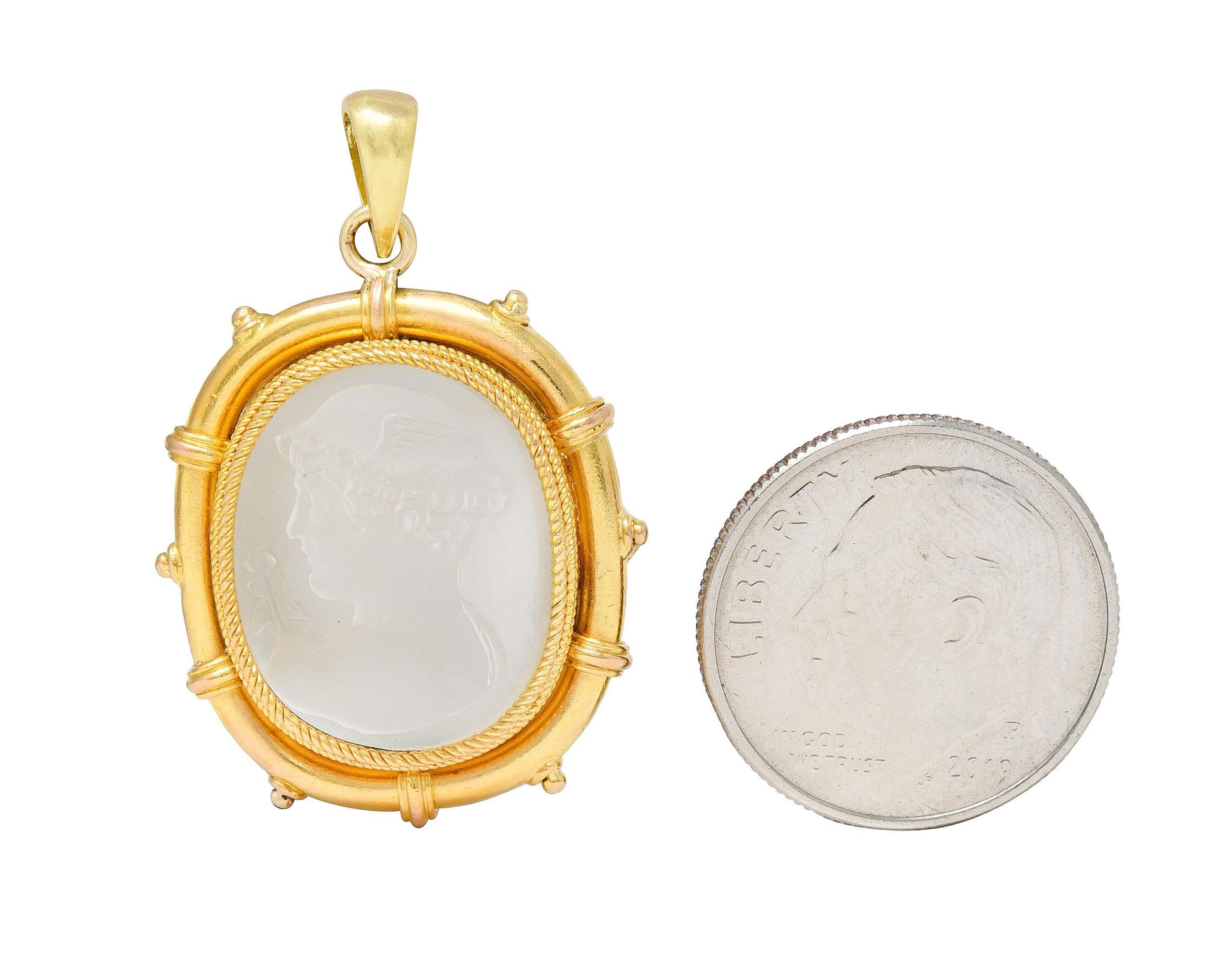 Women's or Men's Victorian Carved Moonstone Yellow Gold Greek God Hermes Antique Cameo Pendant For Sale