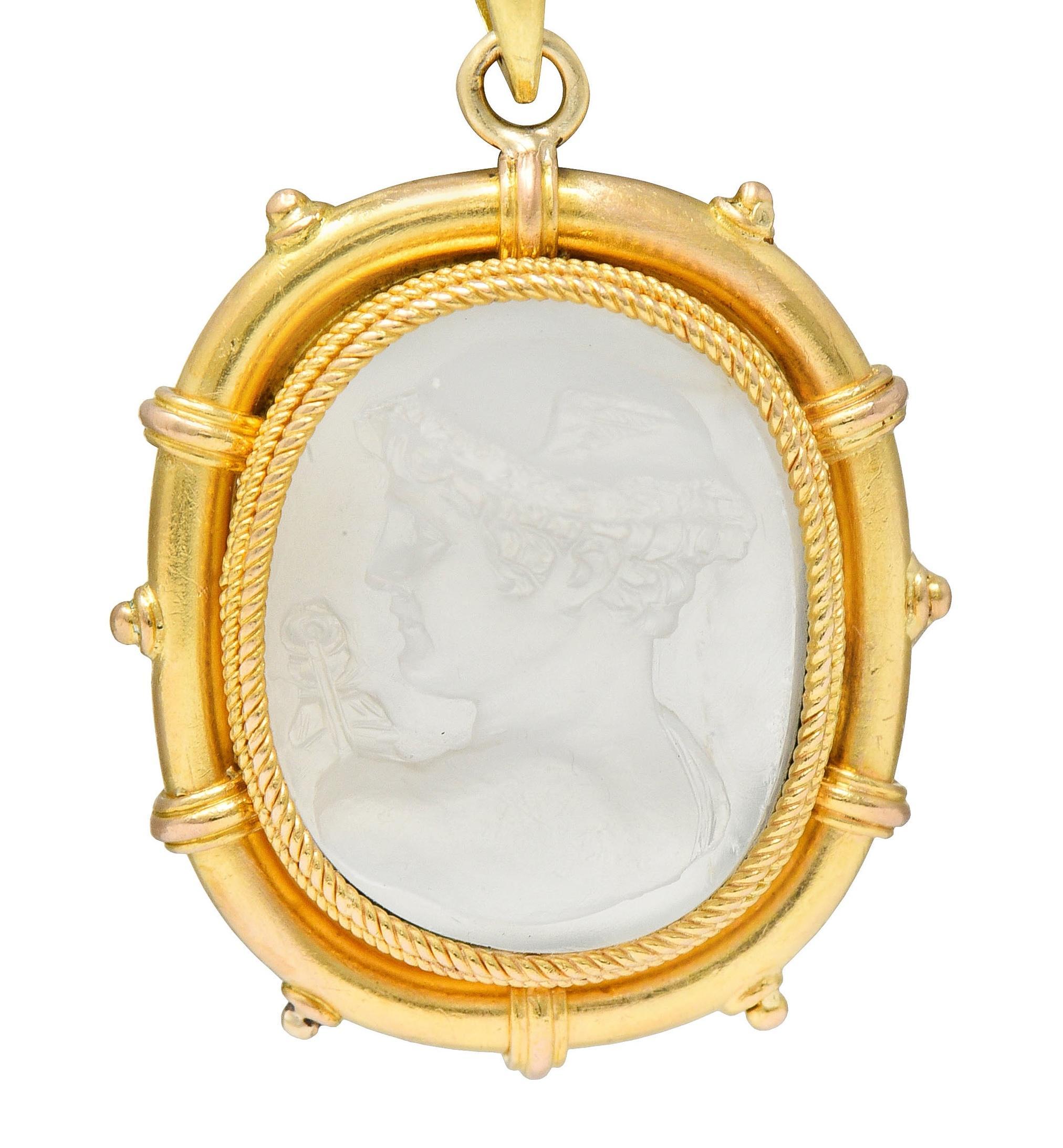 Victorian Carved Moonstone Yellow Gold Greek God Hermes Antique Cameo Pendant For Sale 3