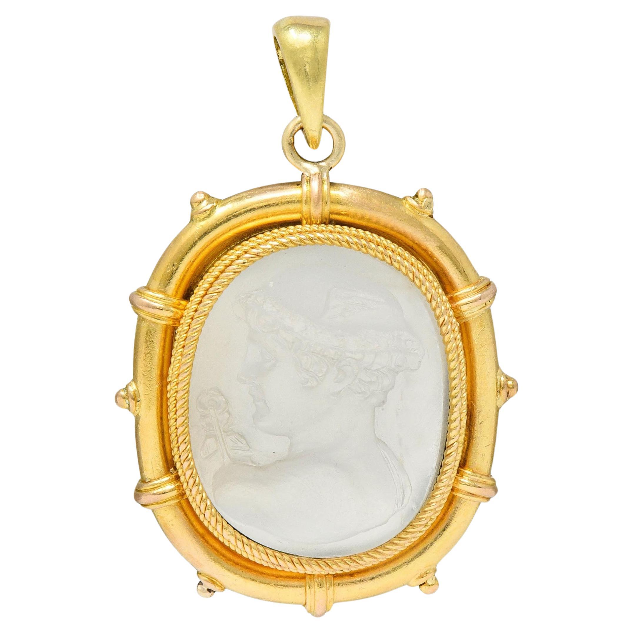Victorian Carved Moonstone Yellow Gold Greek God Hermes Antique Cameo Pendant