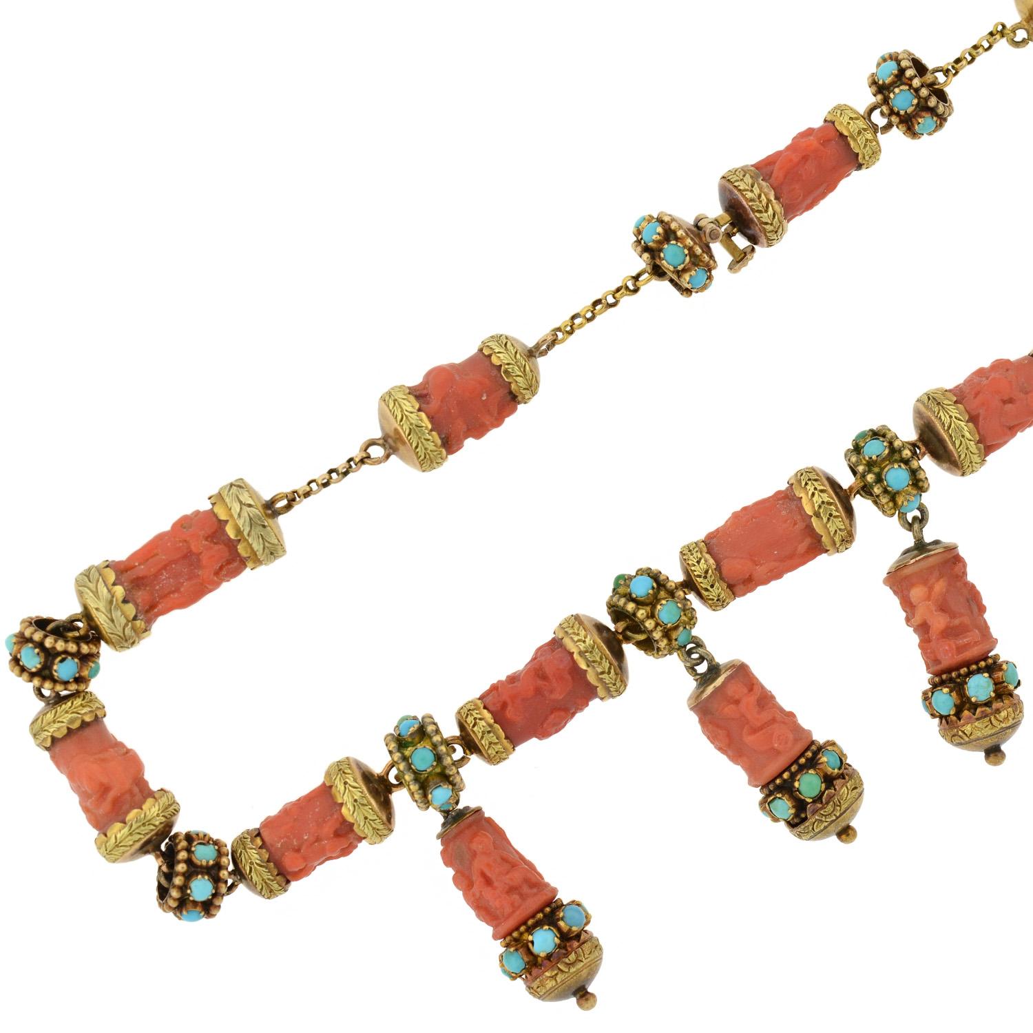Women's Victorian Carved Natural Coral and Persian Turquoise Festoon Cherub Necklace