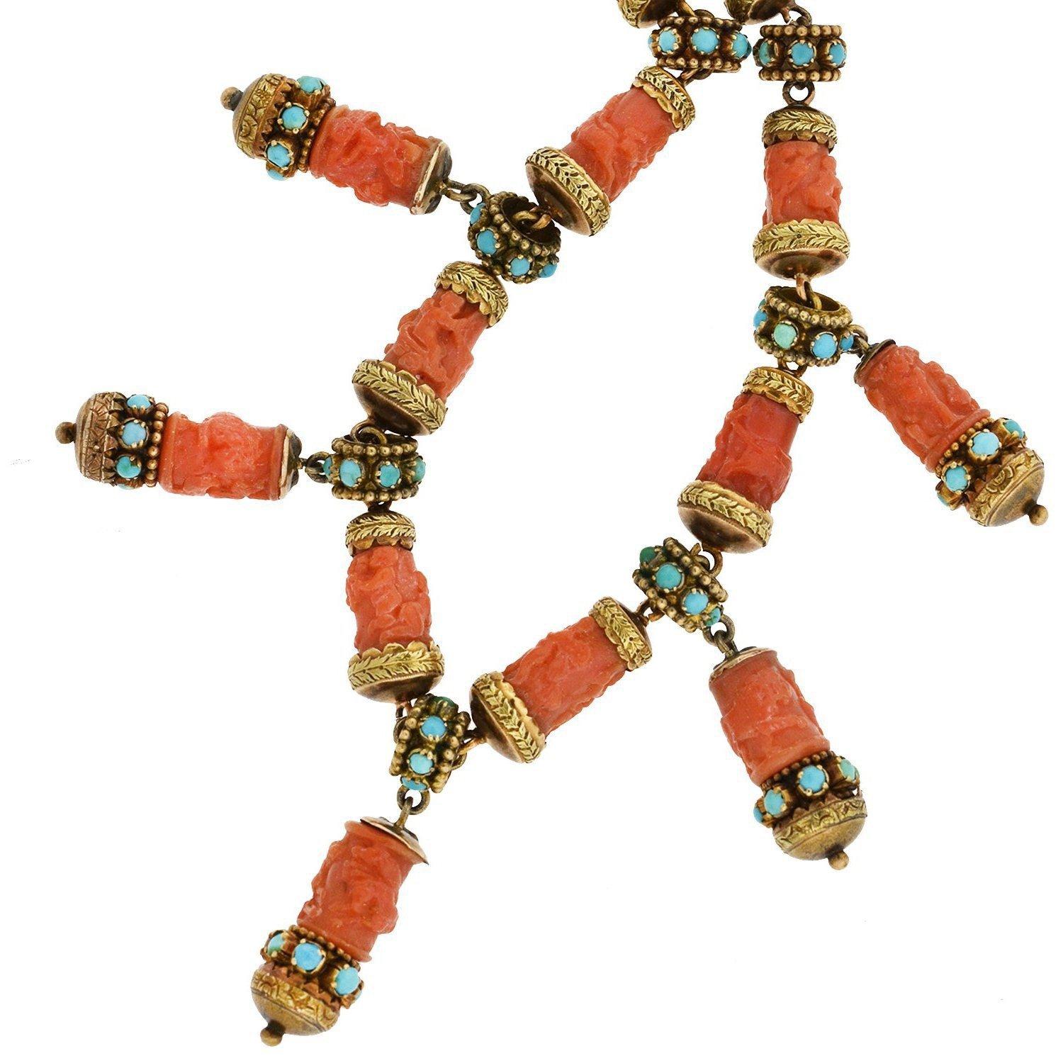 Victorian Carved Natural Coral and Persian Turquoise Festoon Cherub Necklace 1