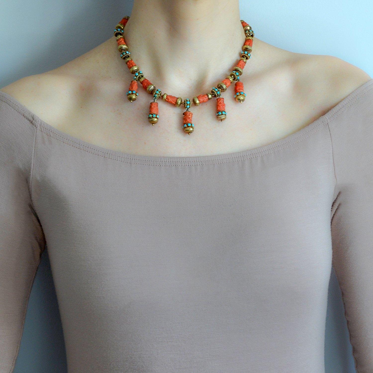 Victorian Carved Natural Coral and Persian Turquoise Festoon Cherub Necklace 5