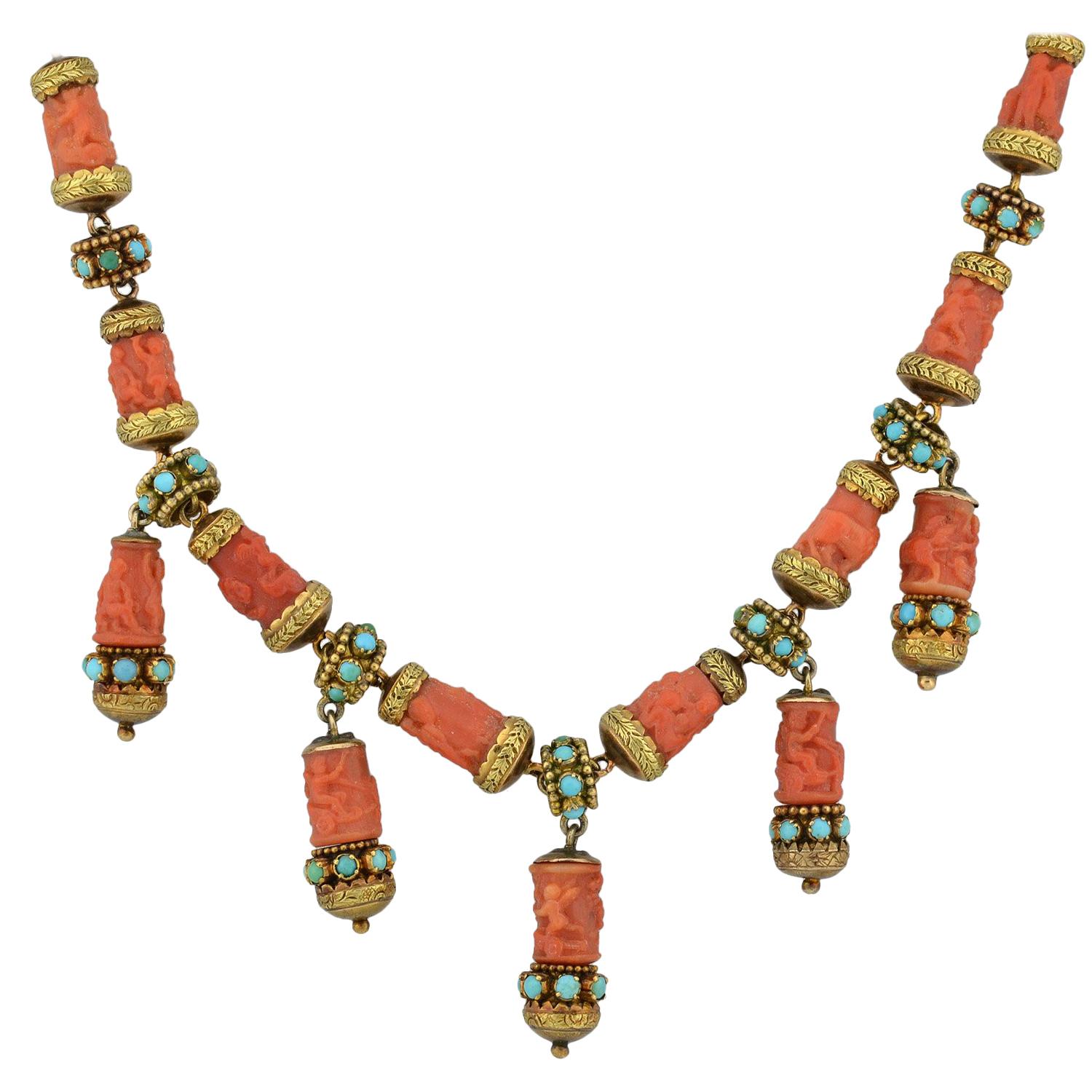 Victorian Carved Natural Coral and Persian Turquoise Festoon Cherub Necklace