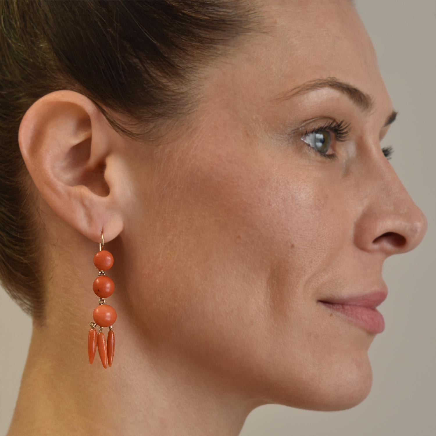 Bead Victorian Carved Natural Coral Dangling Earrings For Sale