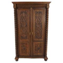 Antique Victorian Carved Oak Barley Twist Hall Closet, Bookcase, Scotland 1880, H1173