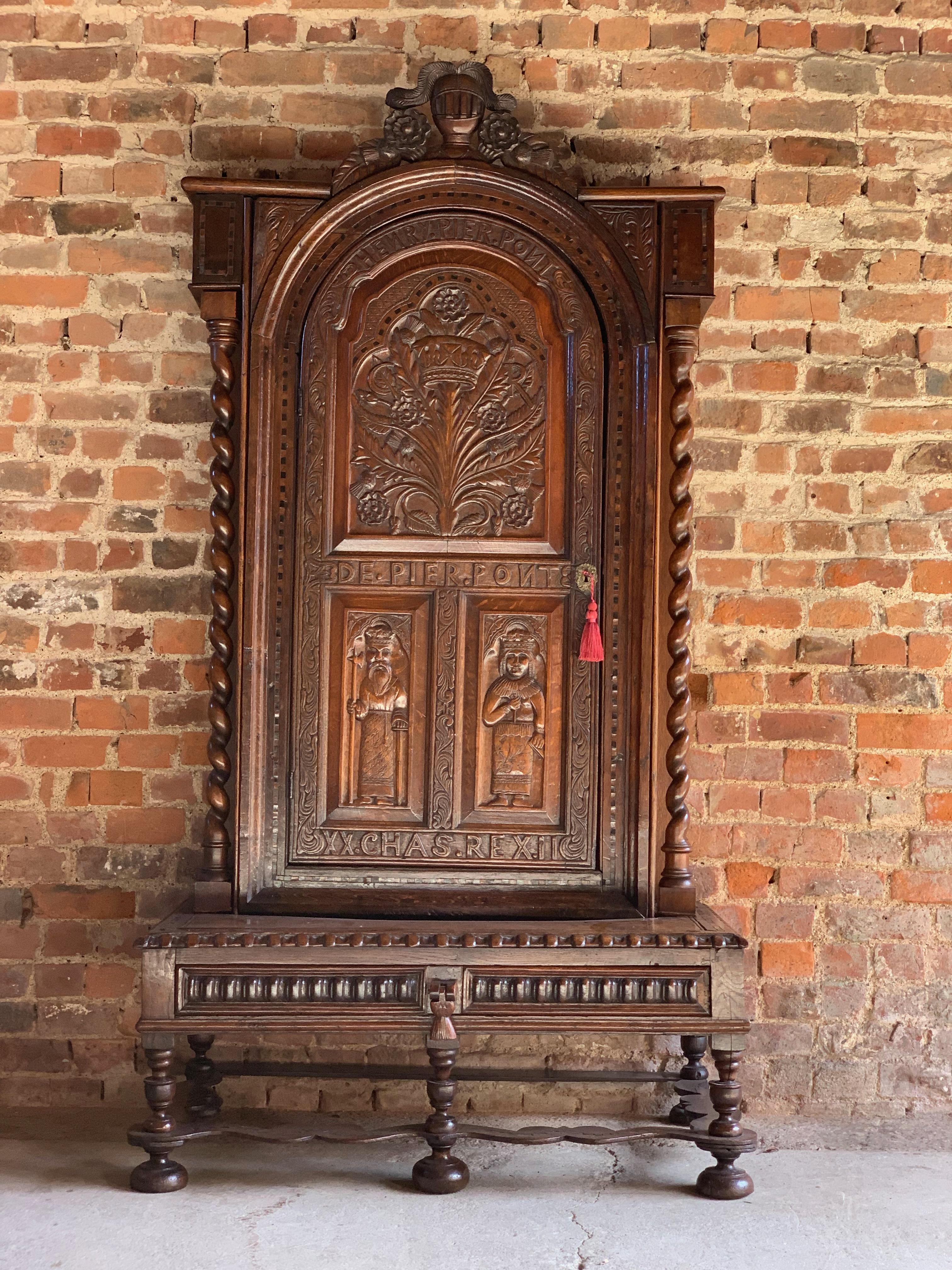 Victorian Carved Oak Bookcase Cabinet on Stand 19th Century Carolean Style 1850 4