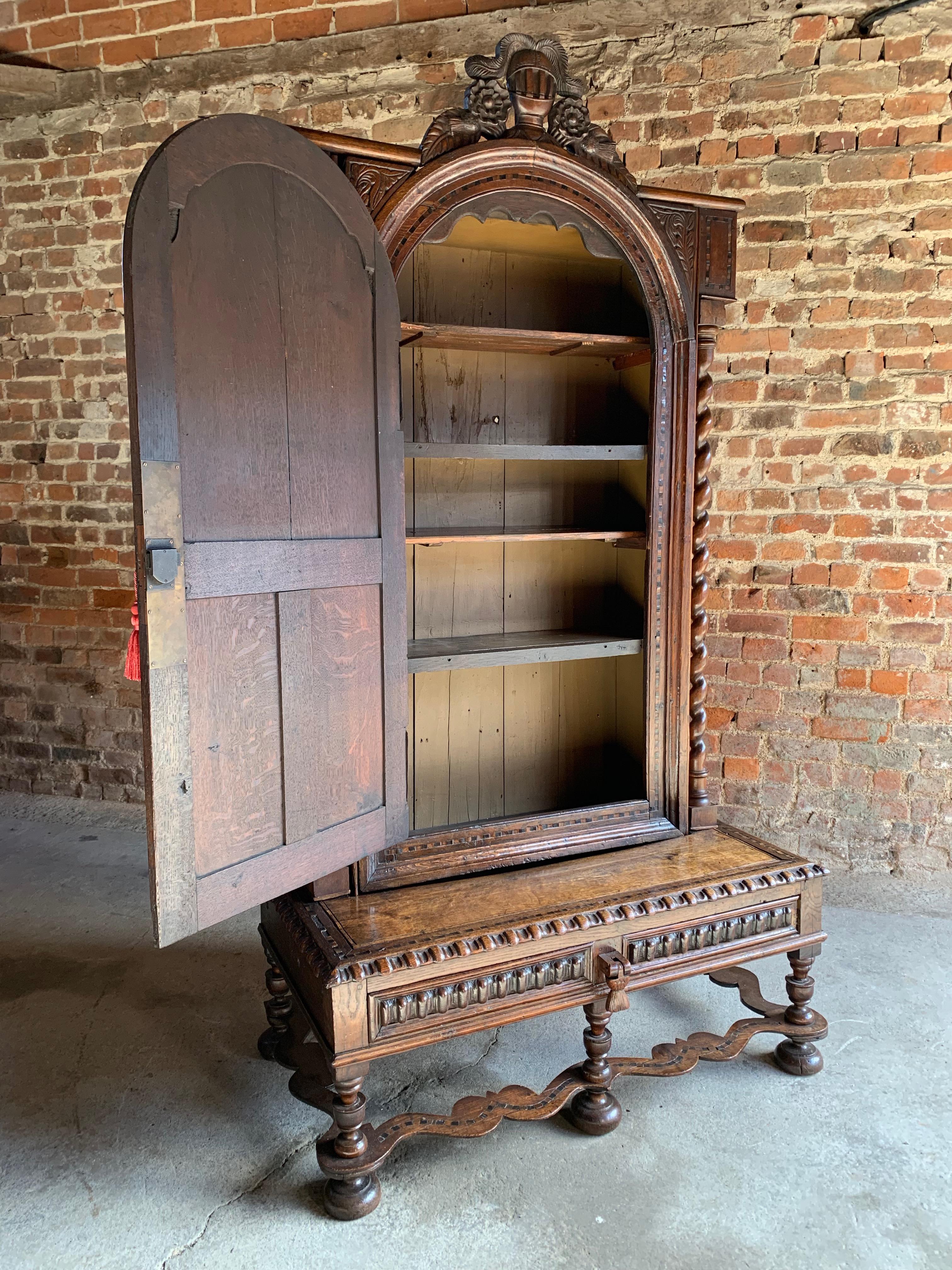 Mid-19th Century Victorian Carved Oak Bookcase Cabinet on Stand 19th Century Carolean Style 1850