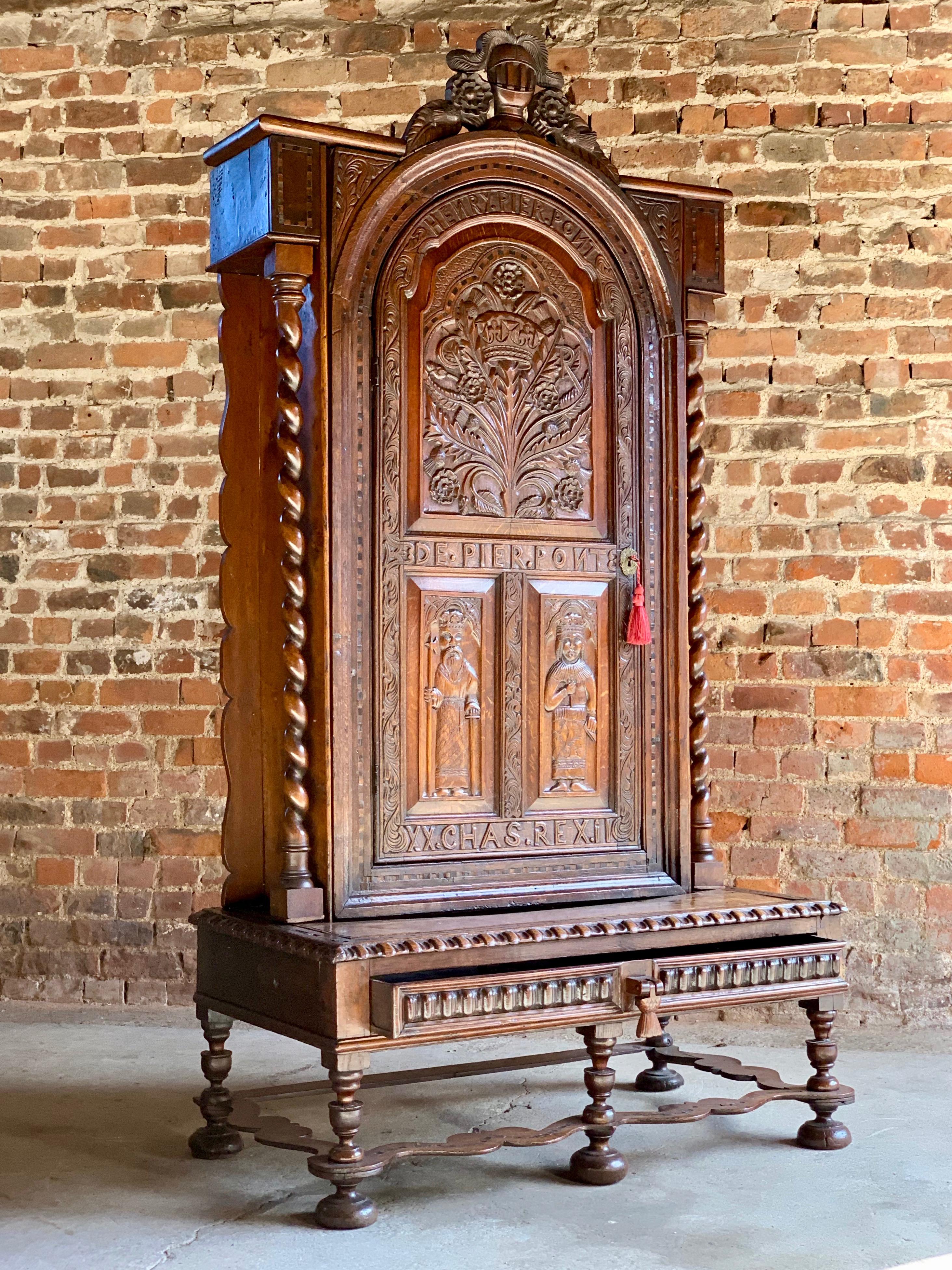 Victorian Carved Oak Bookcase Cabinet on Stand 19th Century Carolean Style 1850 2