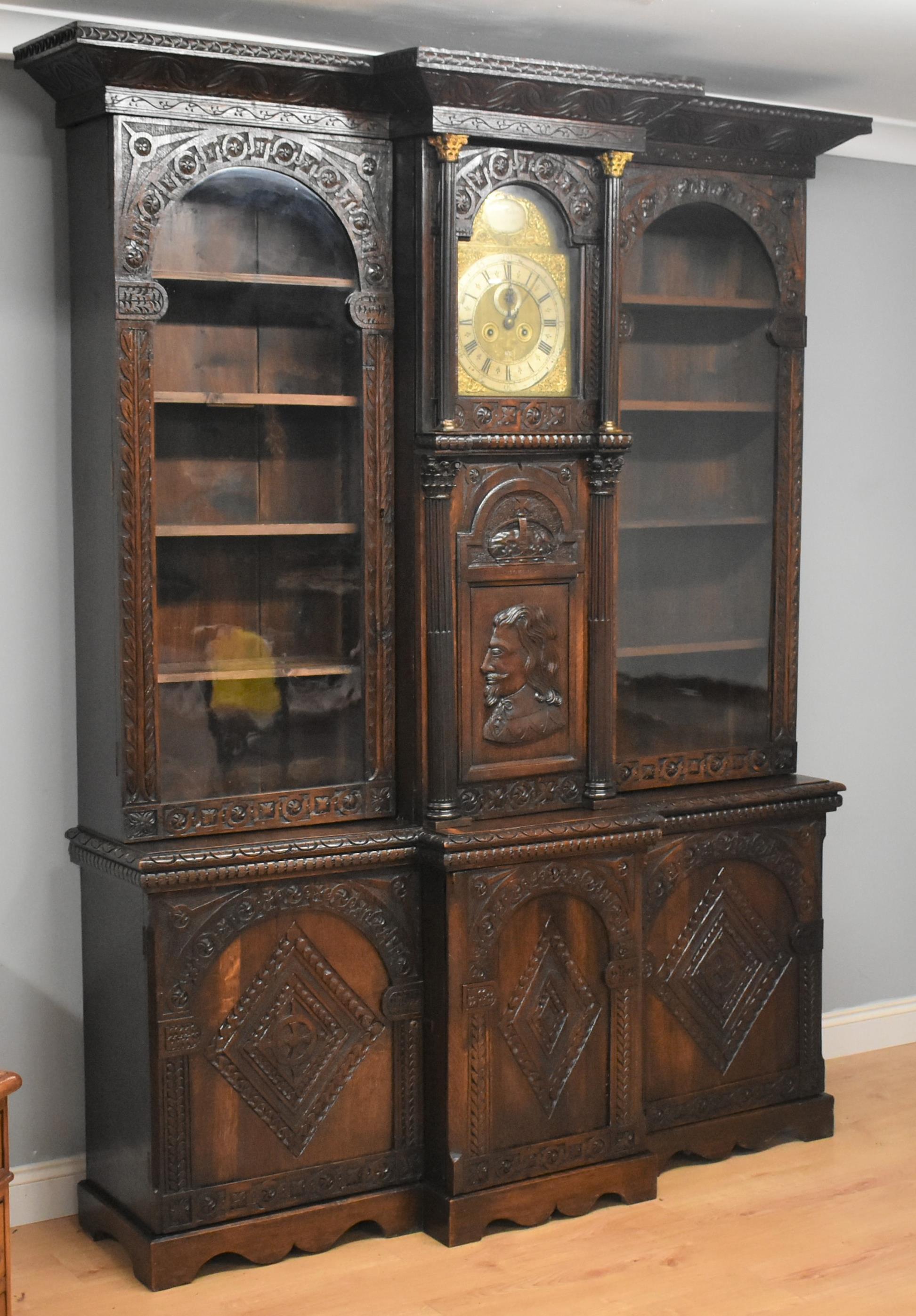 Victorian Carved Oak Cabinet or Bookcase with Phil Walton Devizes Clock 13