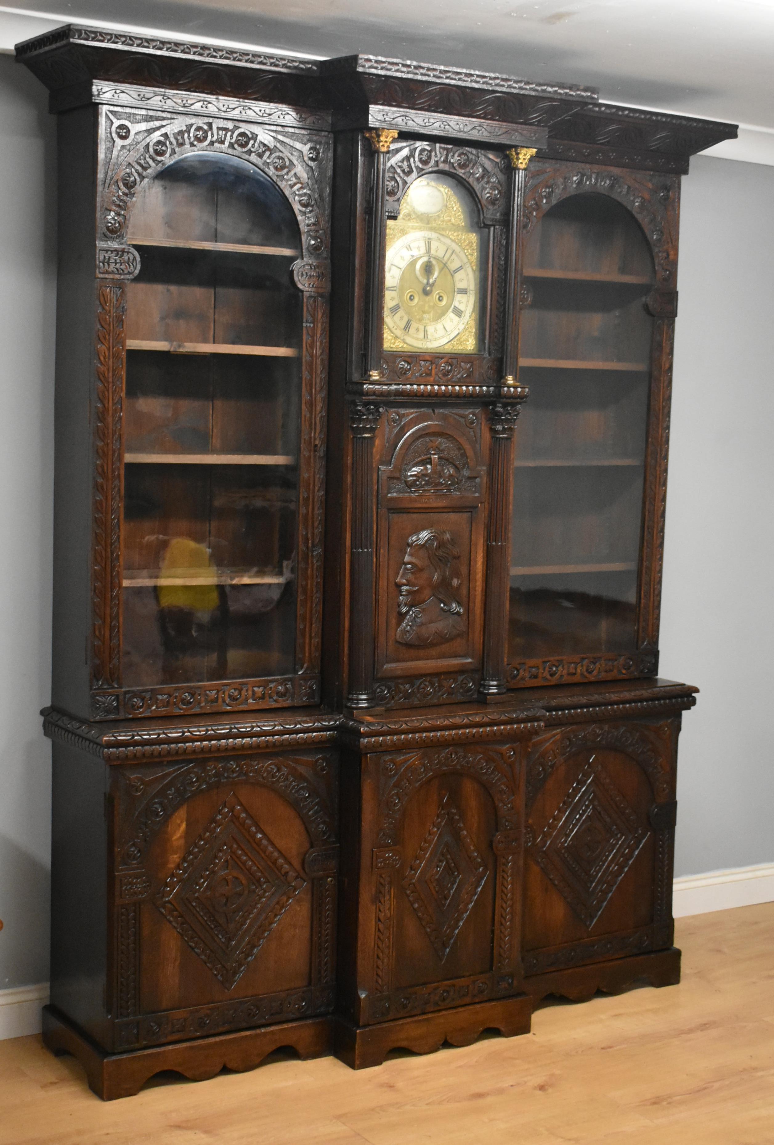 Victorian Carved Oak Cabinet or Bookcase with Phil Walton Devizes Clock 14