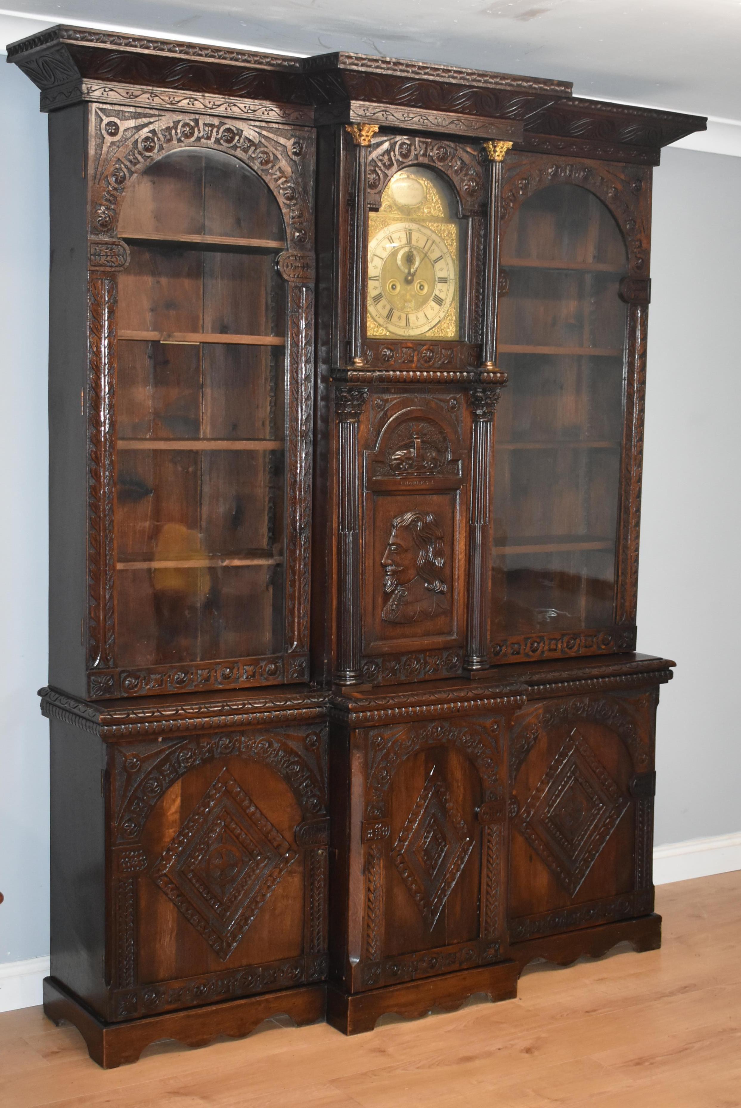 Victorian Carved Oak Cabinet or Bookcase with Phil Walton Devizes Clock 15
