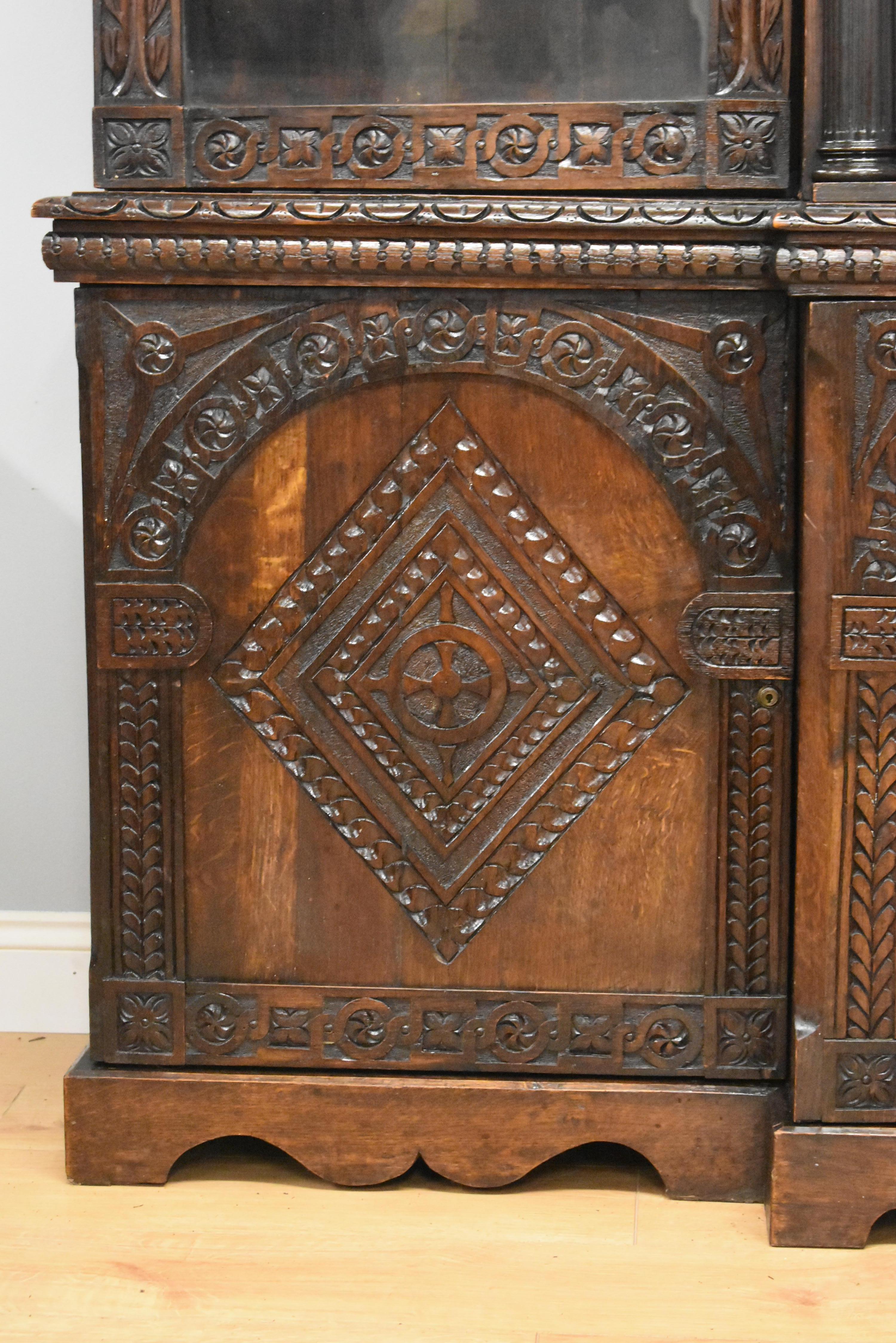 Victorian Carved Oak Cabinet or Bookcase with Phil Walton Devizes Clock In Good Condition In Chelmsford, Essex