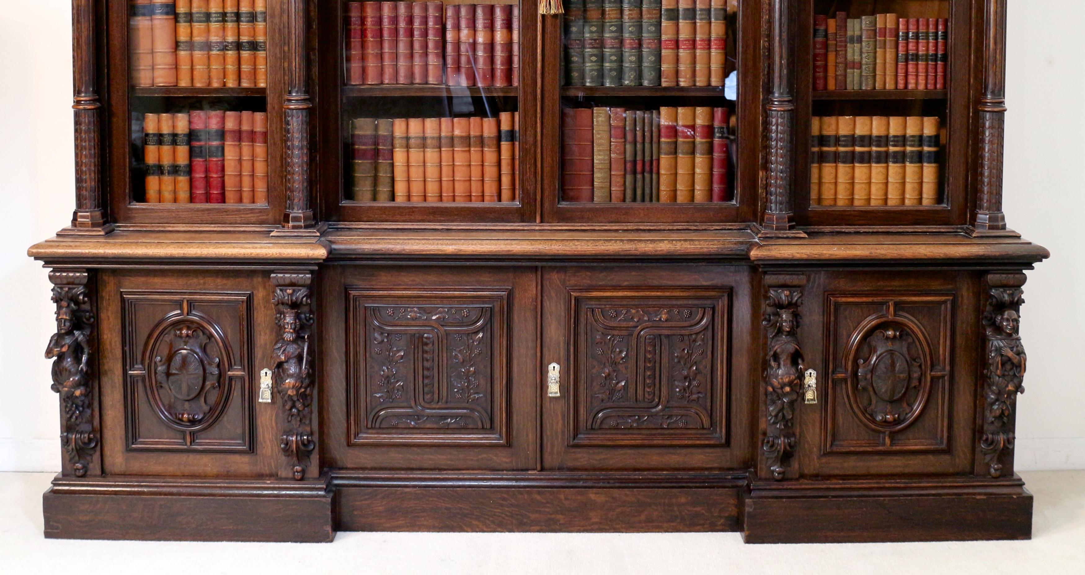 Victorian Carved Oak Elizabethan Revival Breakfront Bookcase by Wylie & Lochhead 1