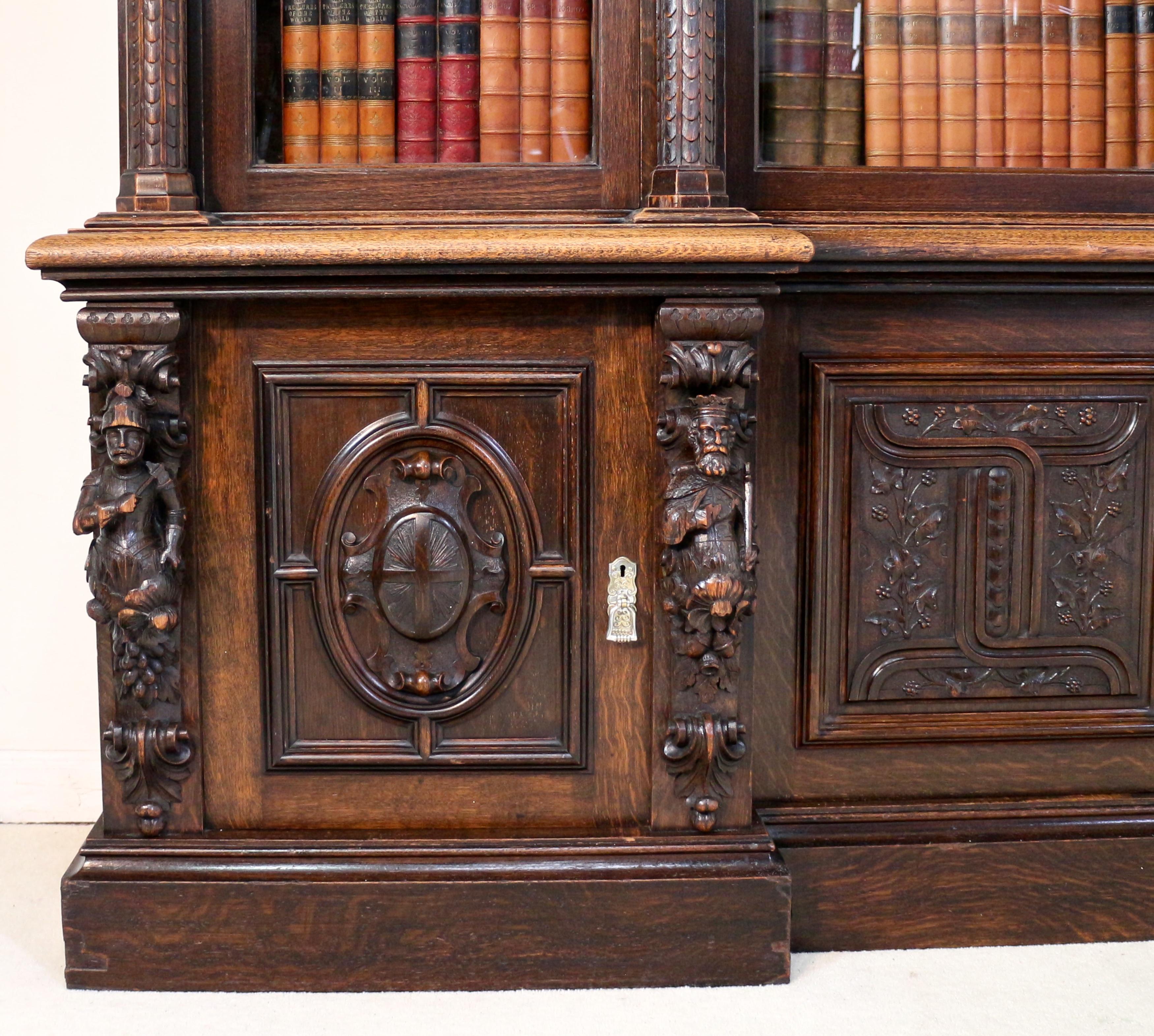 Victorian Carved Oak Elizabethan Revival Breakfront Bookcase by Wylie & Lochhead 2