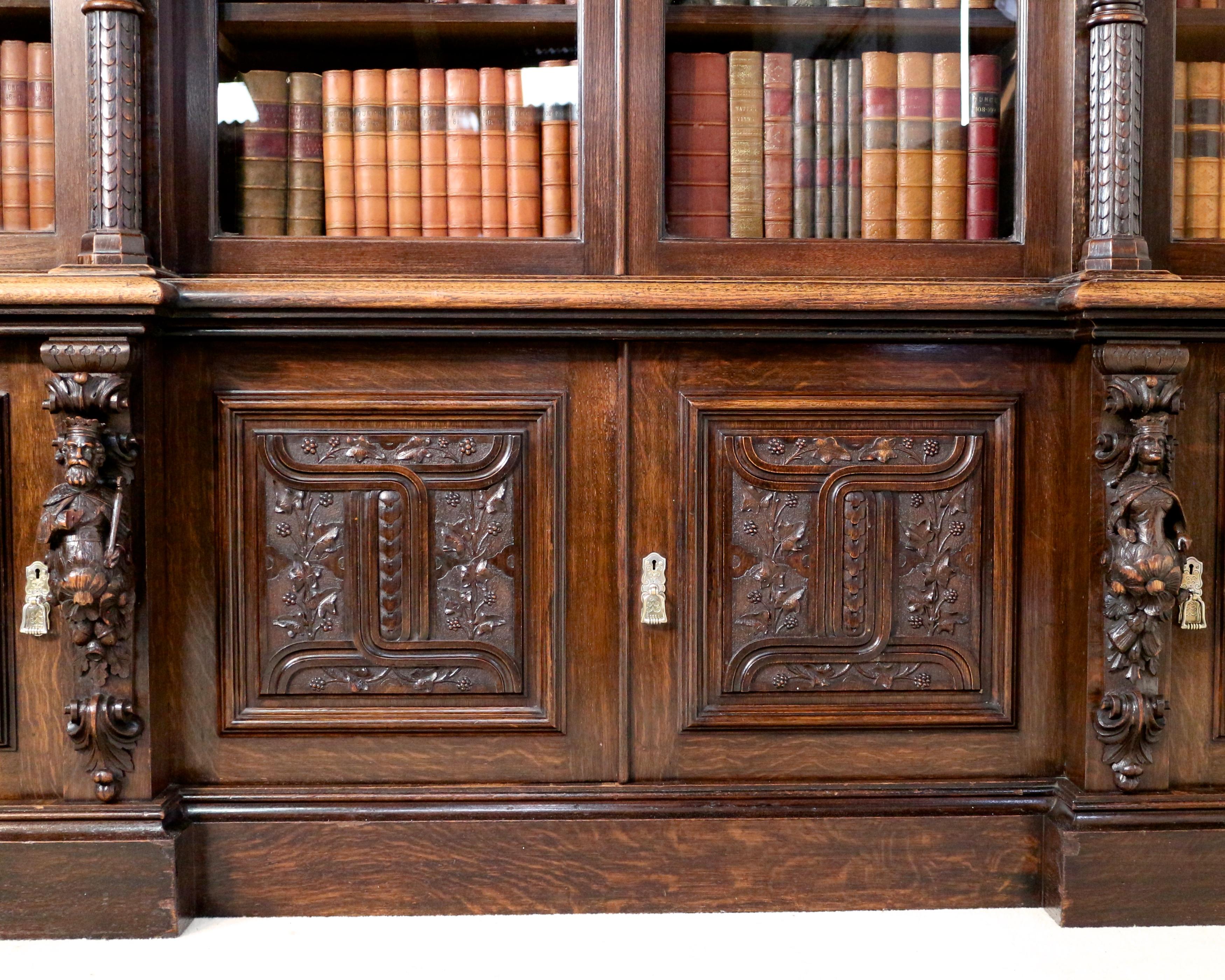 Victorian Carved Oak Elizabethan Revival Breakfront Bookcase by Wylie & Lochhead 3