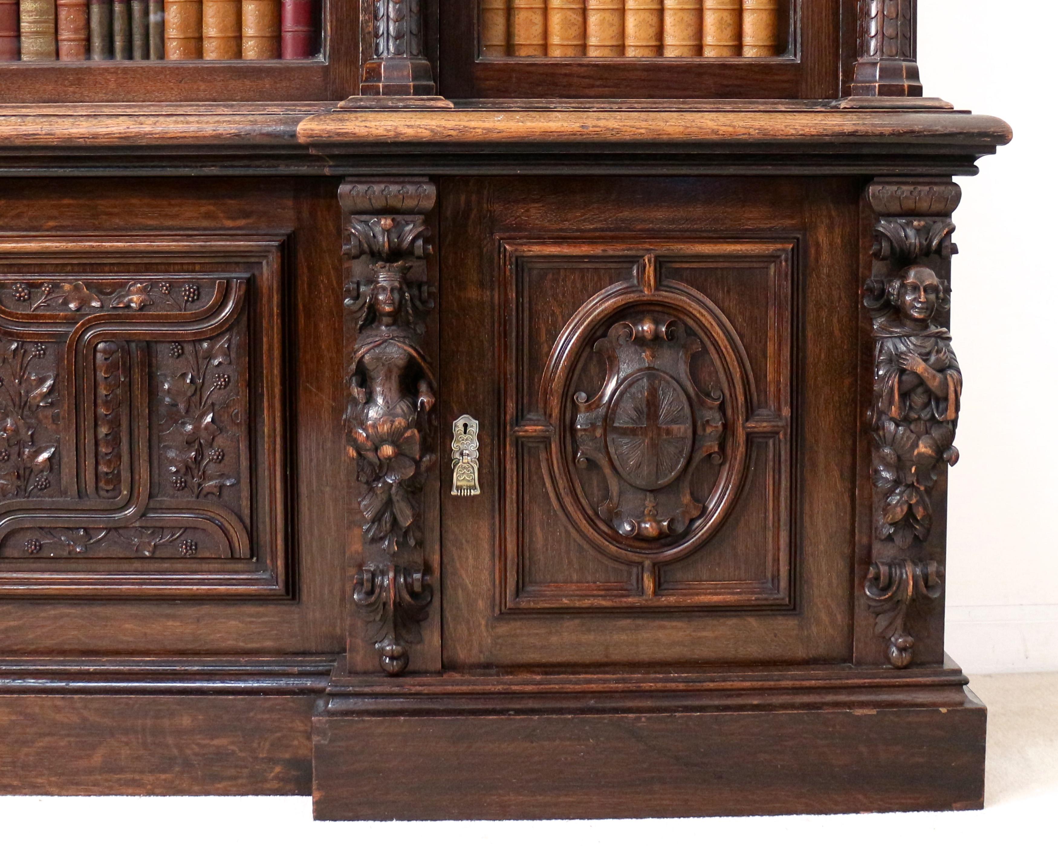 Victorian Carved Oak Elizabethan Revival Breakfront Bookcase by Wylie & Lochhead 4