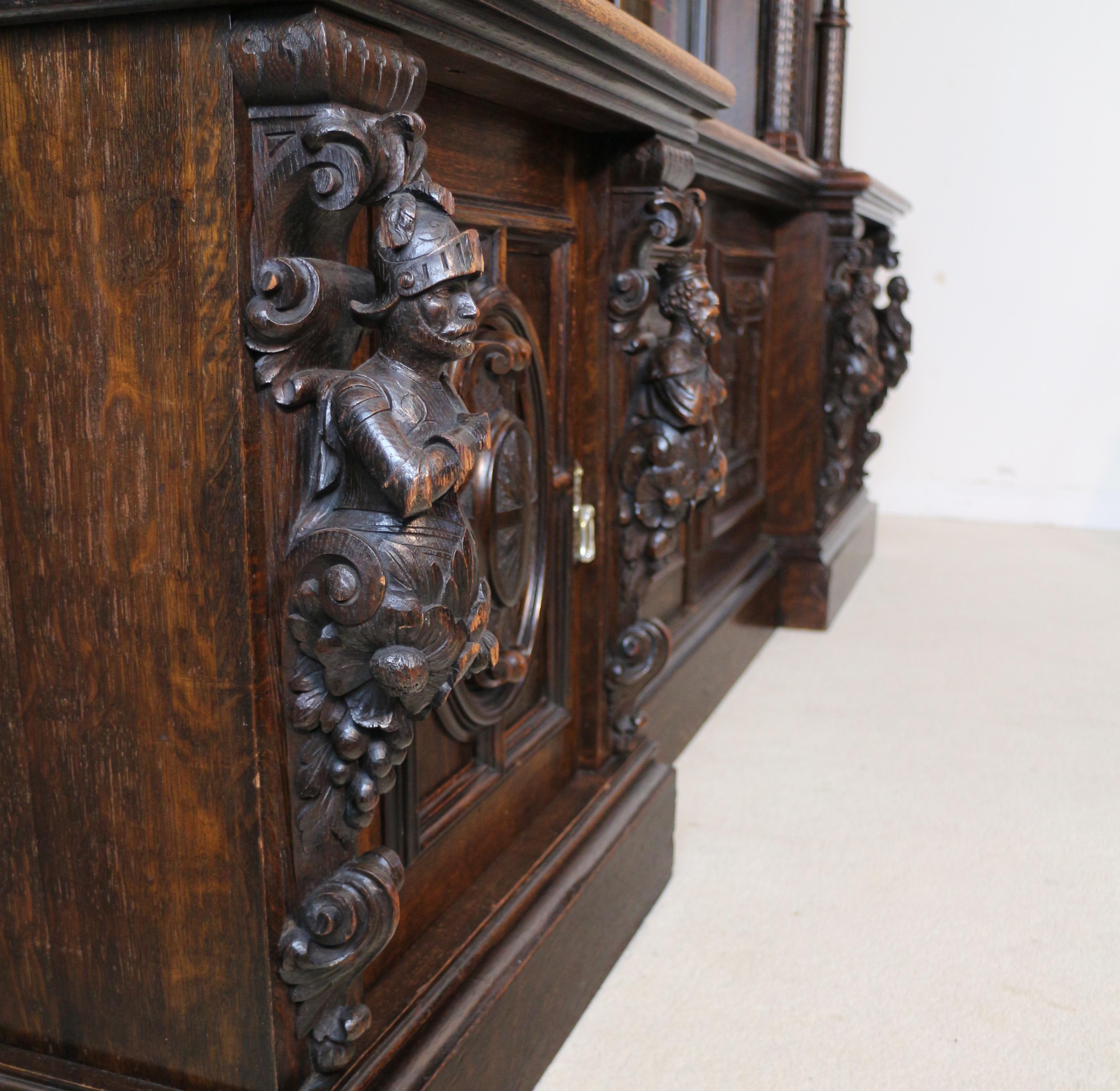 Victorian Carved Oak Elizabethan Revival Breakfront Bookcase by Wylie & Lochhead 5