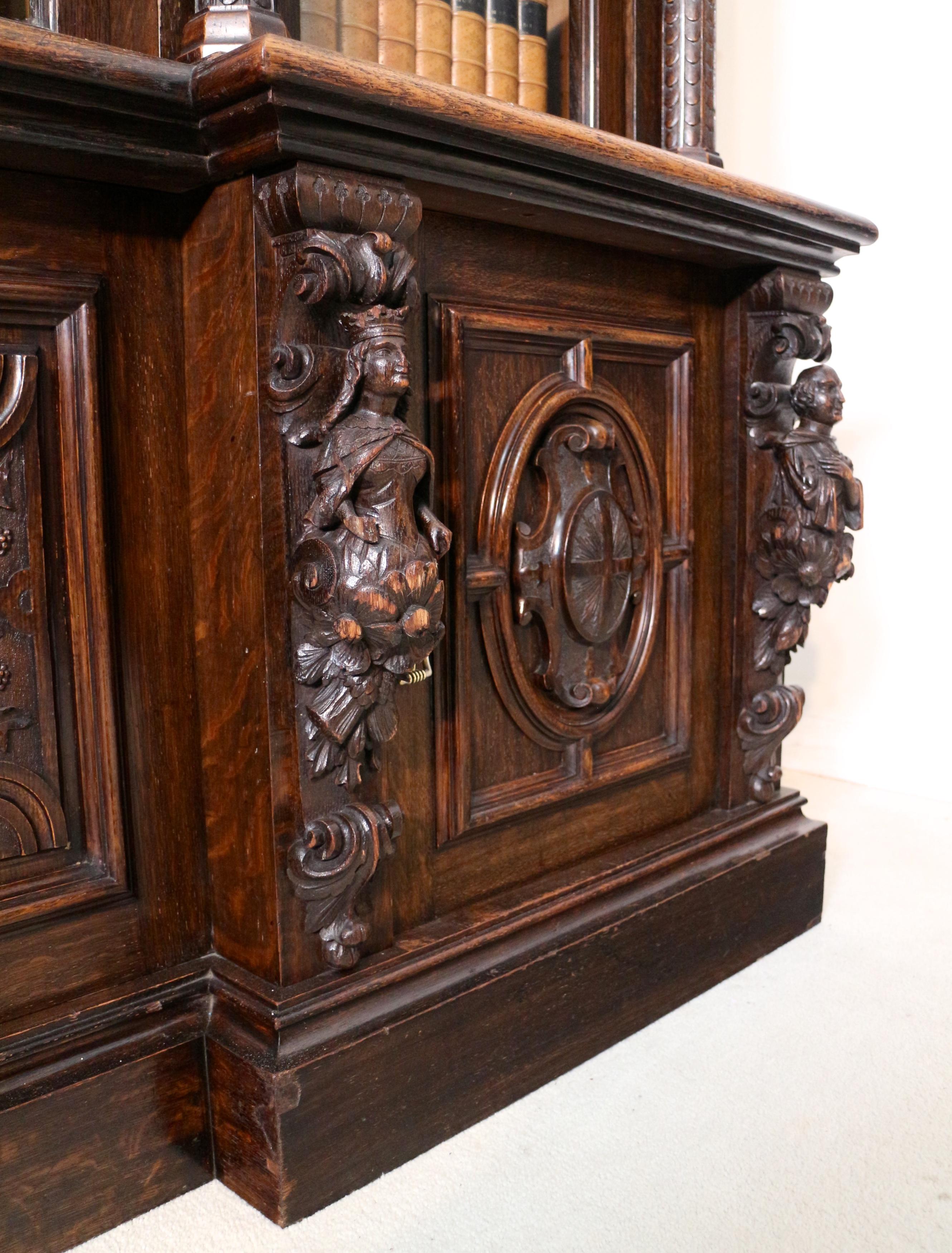 Victorian Carved Oak Elizabethan Revival Breakfront Bookcase by Wylie & Lochhead 6