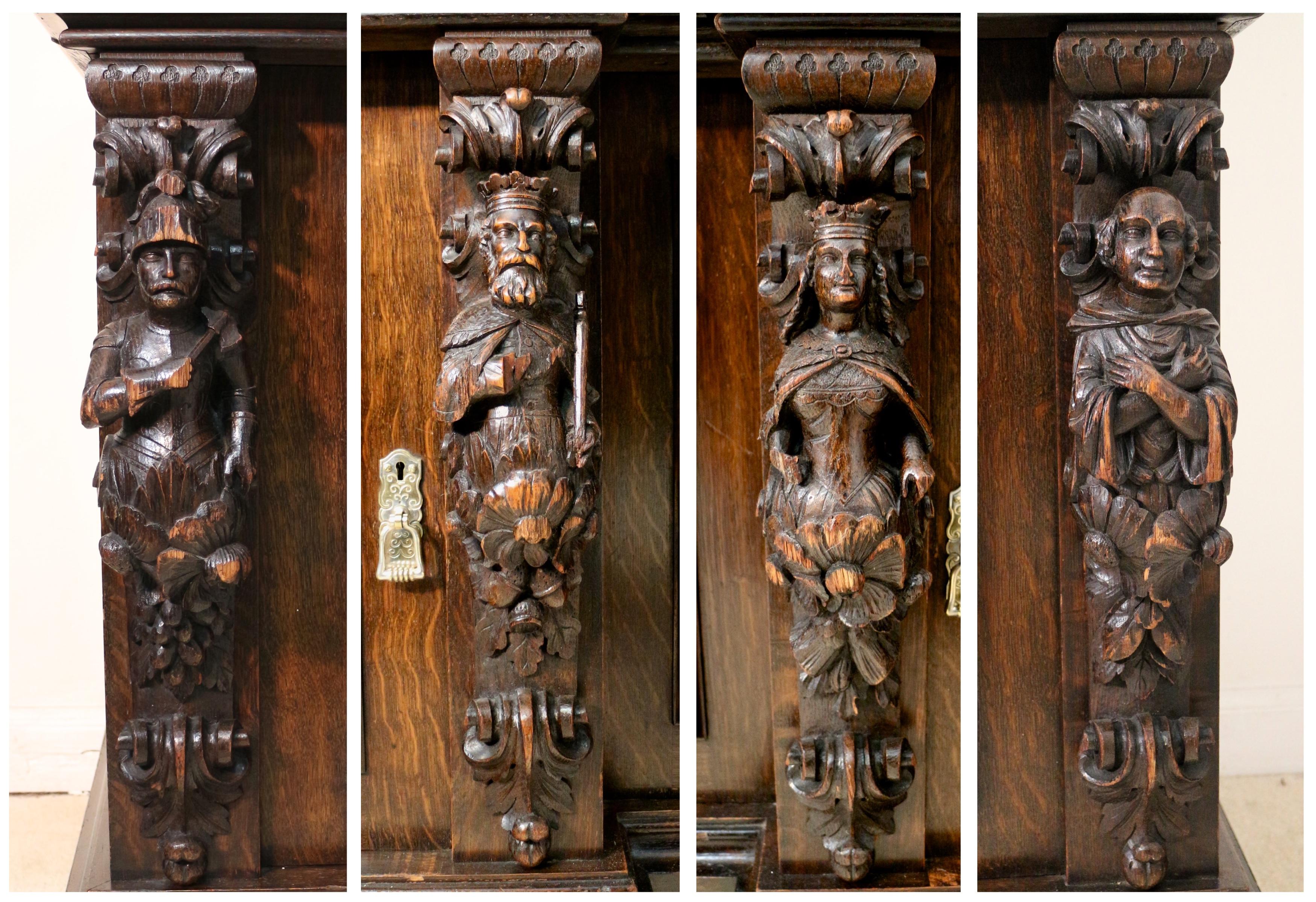 Victorian Carved Oak Elizabethan Revival Breakfront Bookcase by Wylie & Lochhead 7