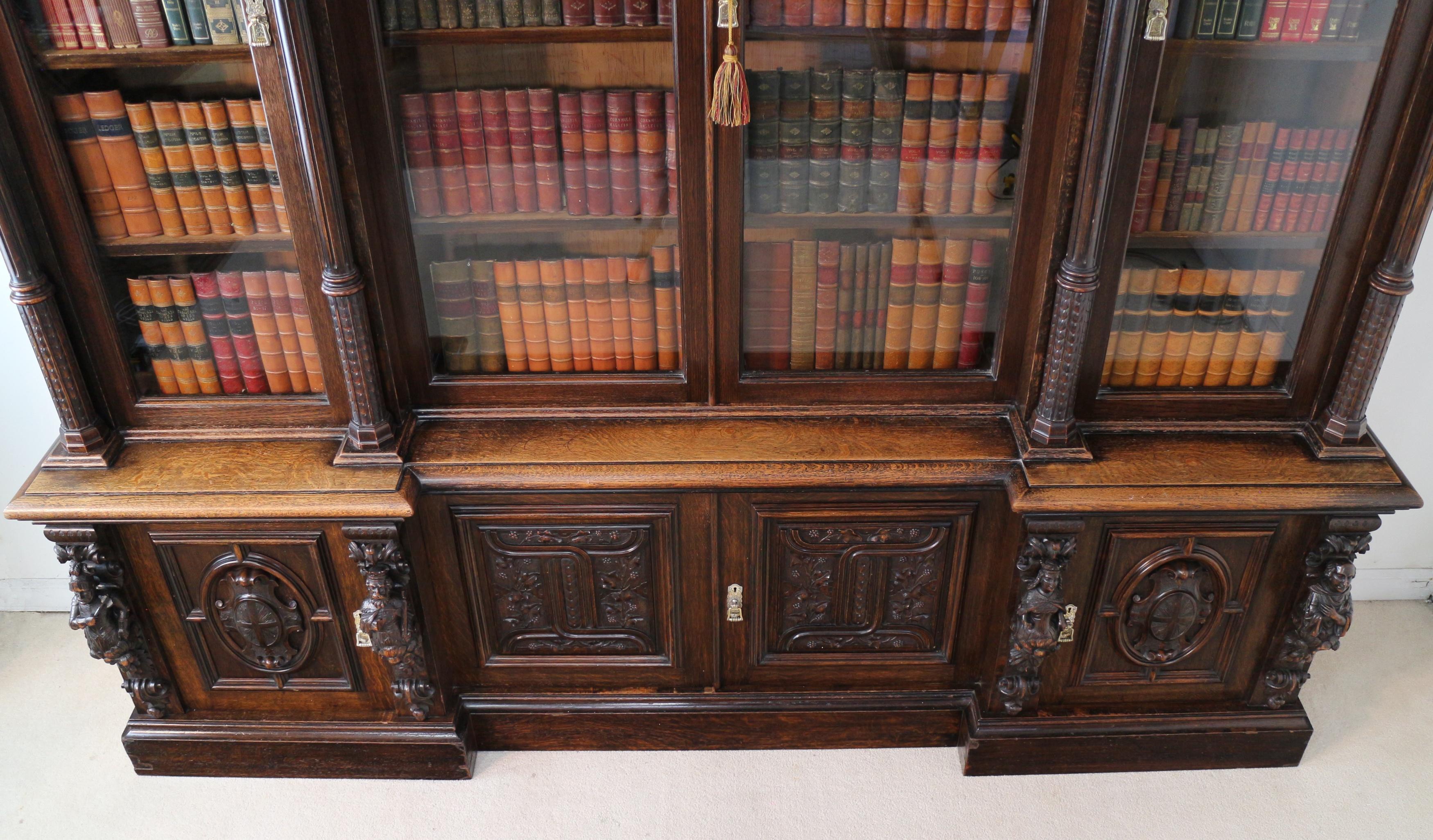 Victorian Carved Oak Elizabethan Revival Breakfront Bookcase by Wylie & Lochhead 8