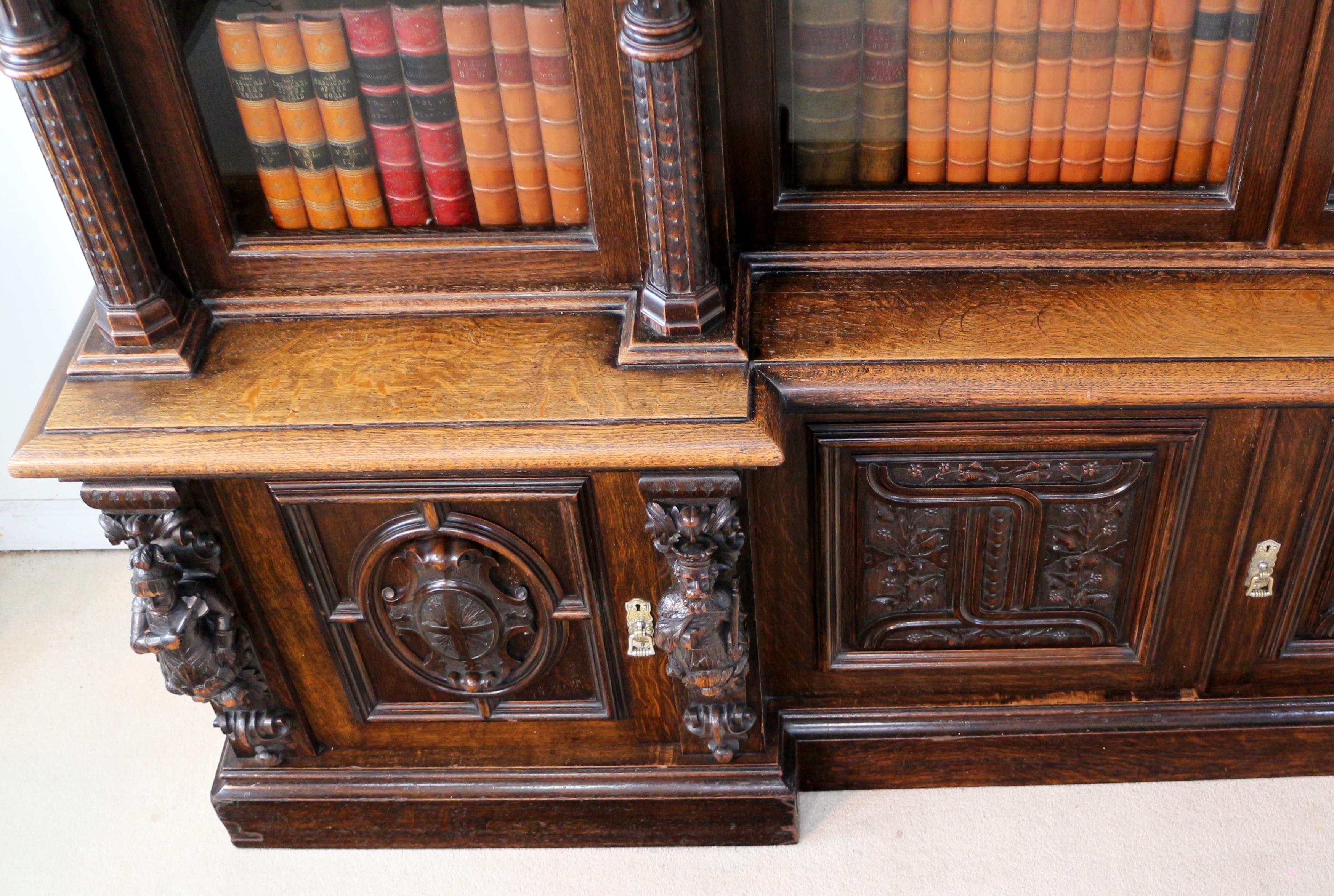 Victorian Carved Oak Elizabethan Revival Breakfront Bookcase by Wylie & Lochhead 9
