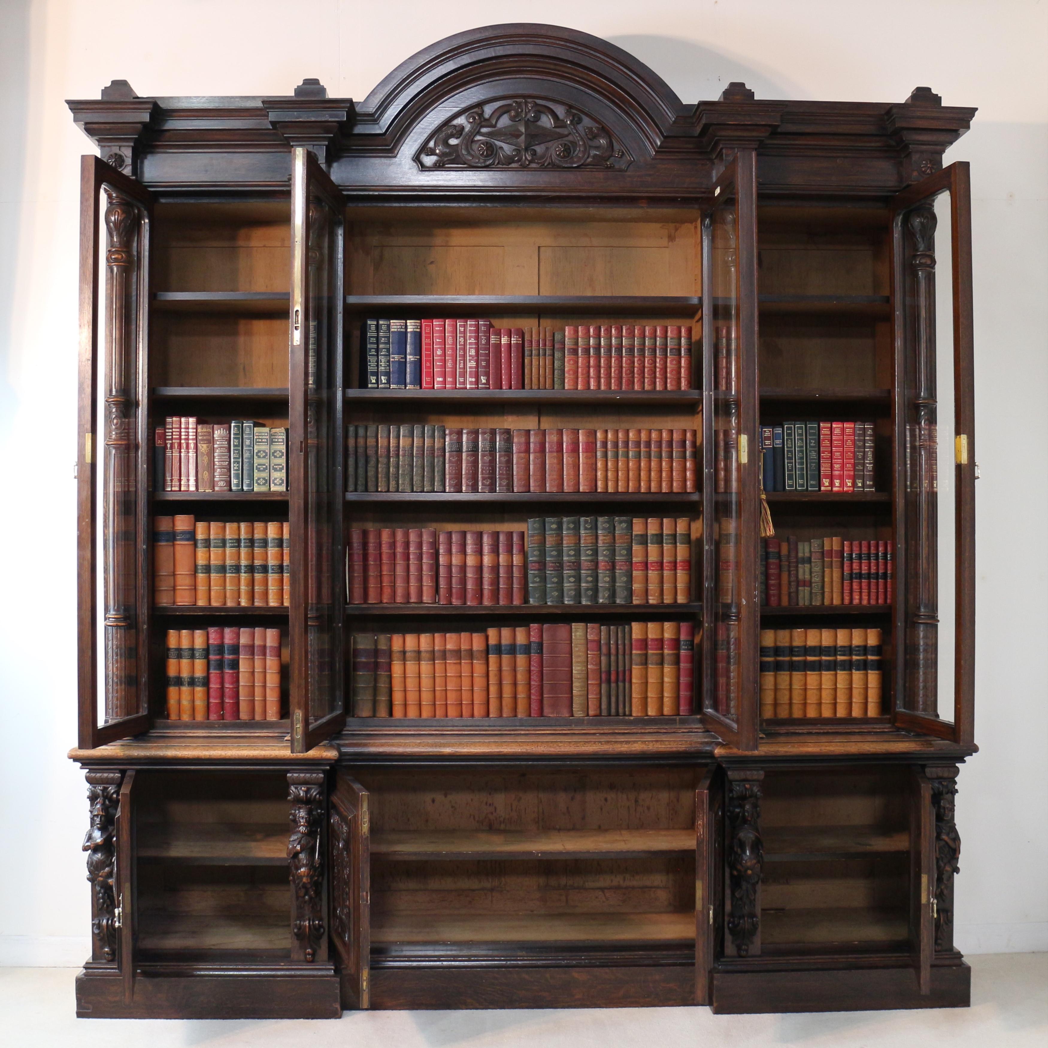 Victorian Carved Oak Elizabethan Revival Breakfront Bookcase by Wylie & Lochhead 10