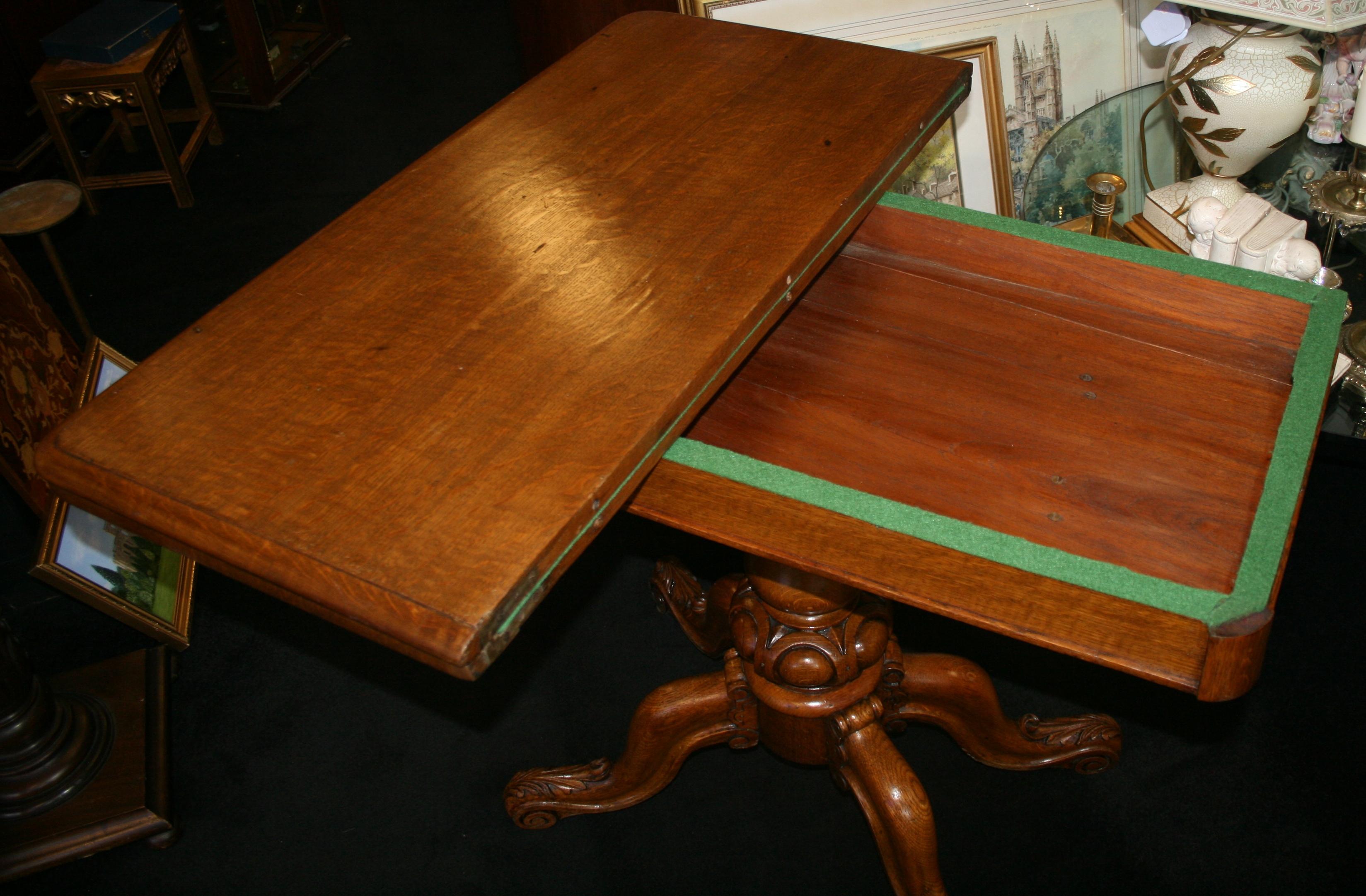 Victorian Carved Oak Flip Top Card Games Table For Sale 3