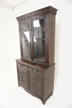 Victorian Carved Oak  "Green Man" Gothic Cabinet Bookcase, Scotland 1870, H1171