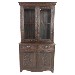 Victorian Carved Oak  "Green Man" Gothic Cabinet Bookcase, Scotland 1870, H1171