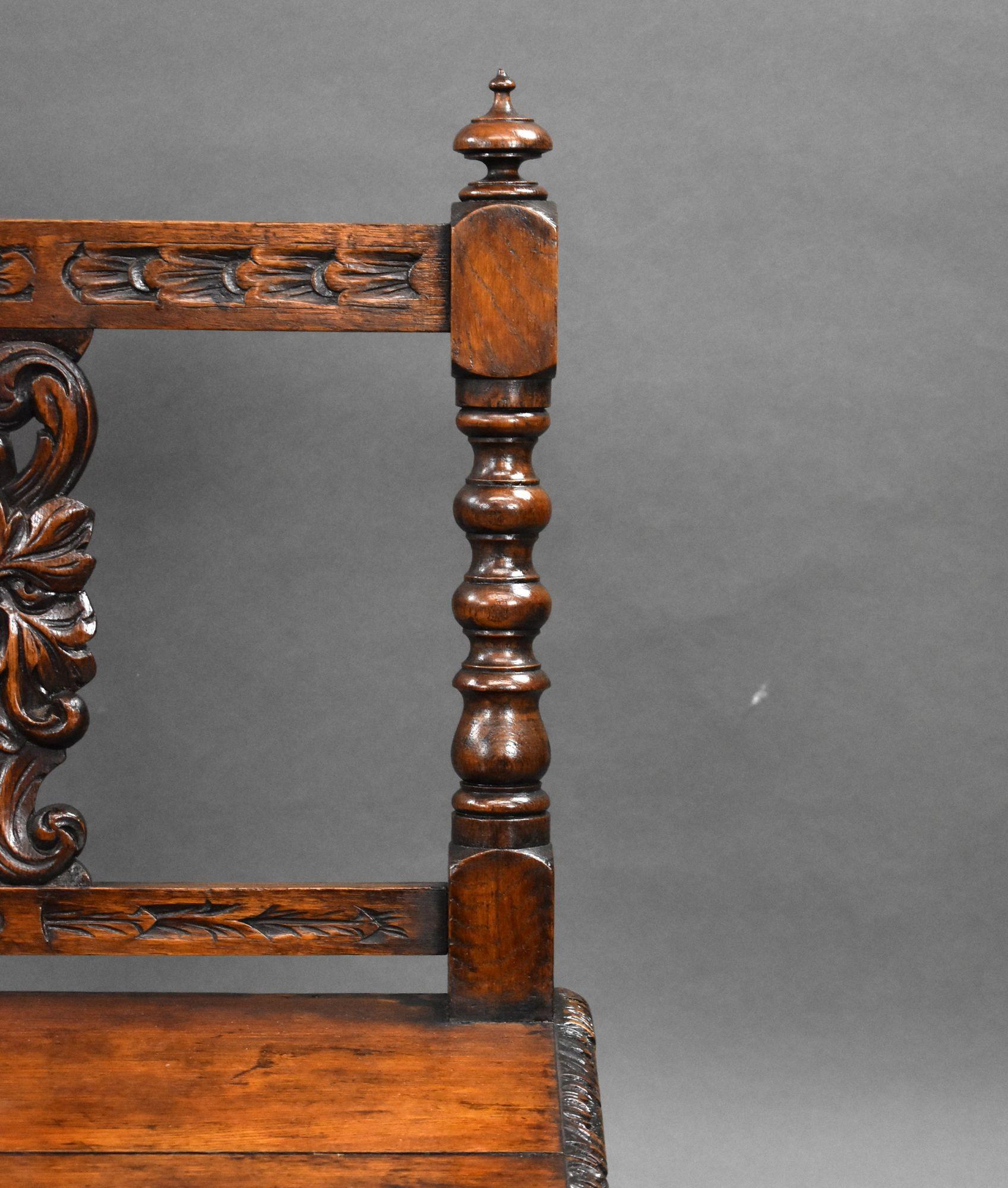 Victorian Carved Oak Hall Bench 5