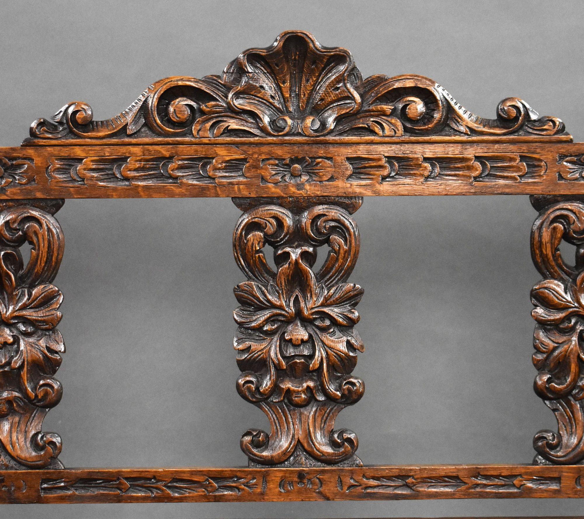 Victorian Carved Oak Hall Bench 3