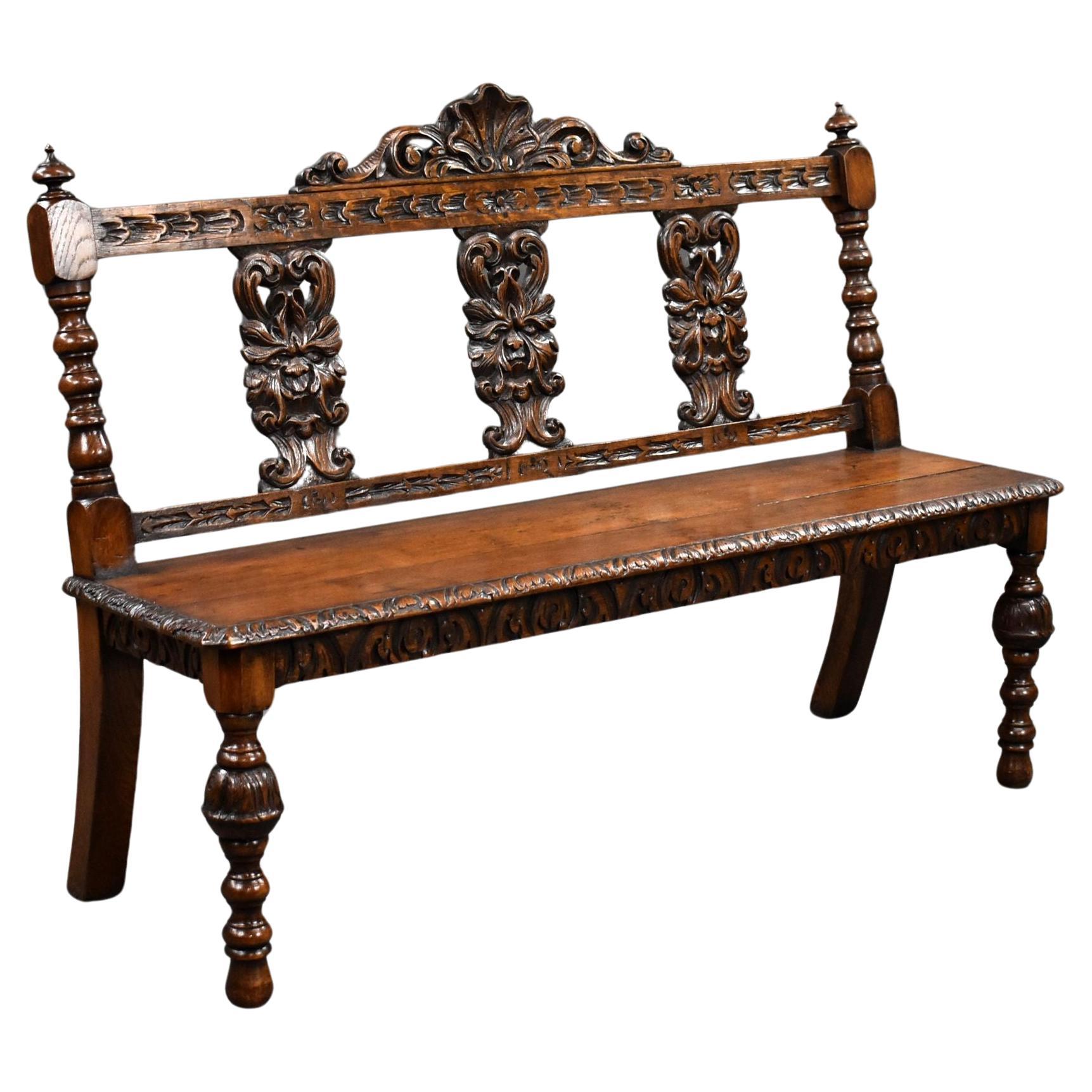 Victorian Carved Oak Hall Bench