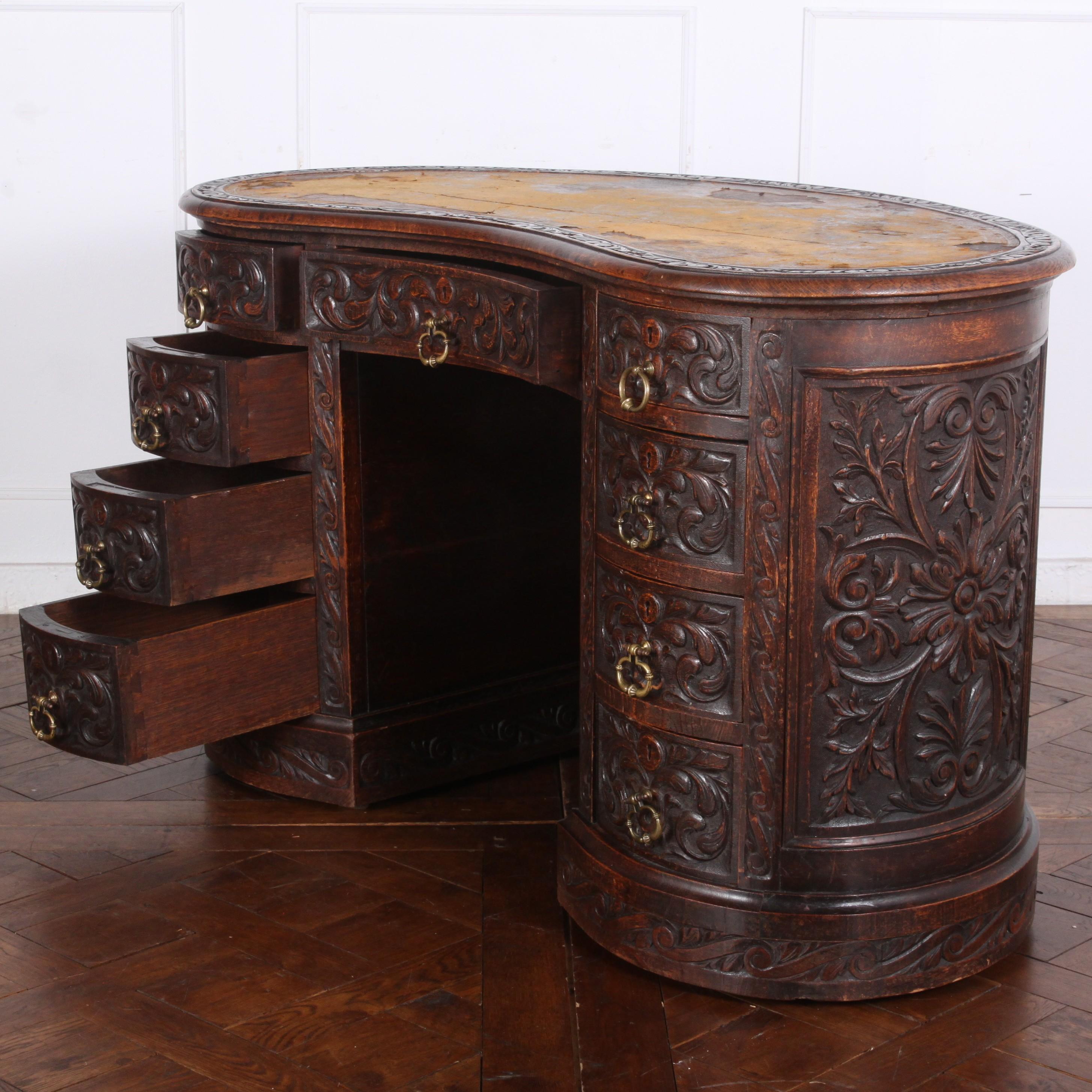 19th Century Victorian Carved Oak Kidney-Shaped Desk