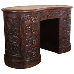 Victorian Carved Oak Kidney-Shaped Desk