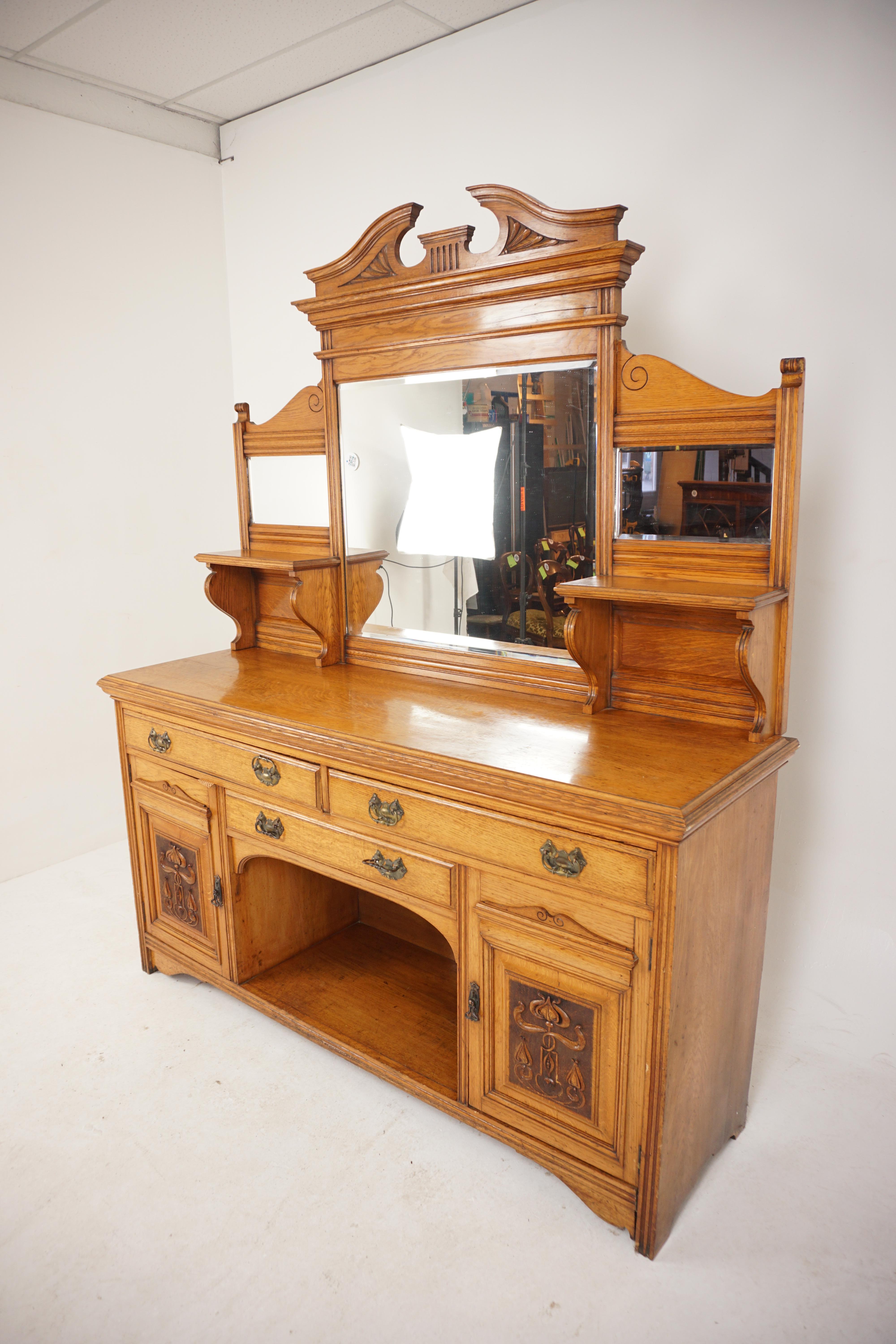 Victorian carved oak mirror back sideboard buffet, Scotland 1890, H607

Scotland 1890
Solid oak
Original finish
The sideboard comes into two sections
The top has a large central bevelled mirror flanked by a smaller shaped mirror on each