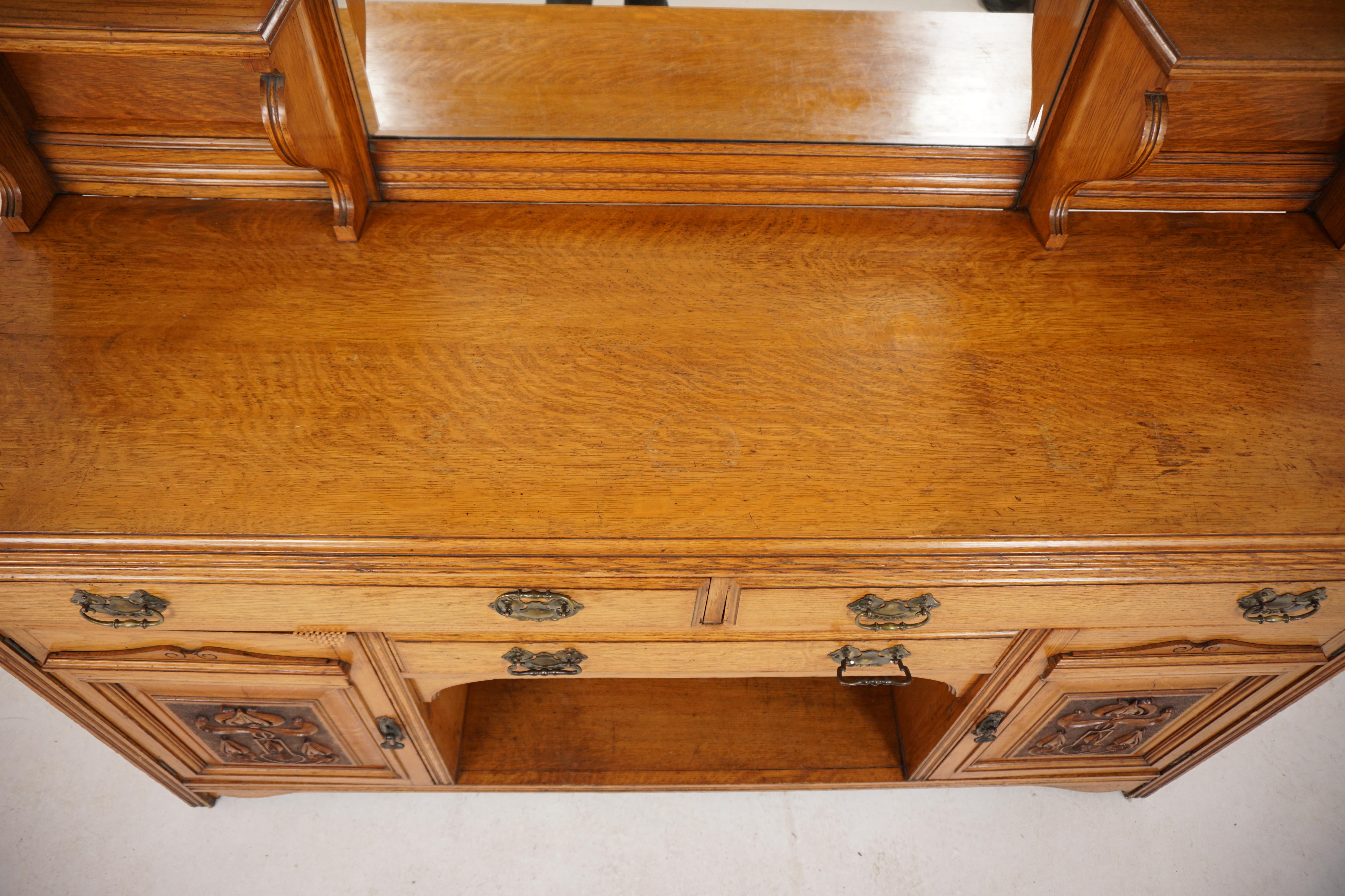 Victorian Carved Oak Mirror Back Sideboard Buffet, Scotland 1890, H607 In Distressed Condition In Vancouver, BC