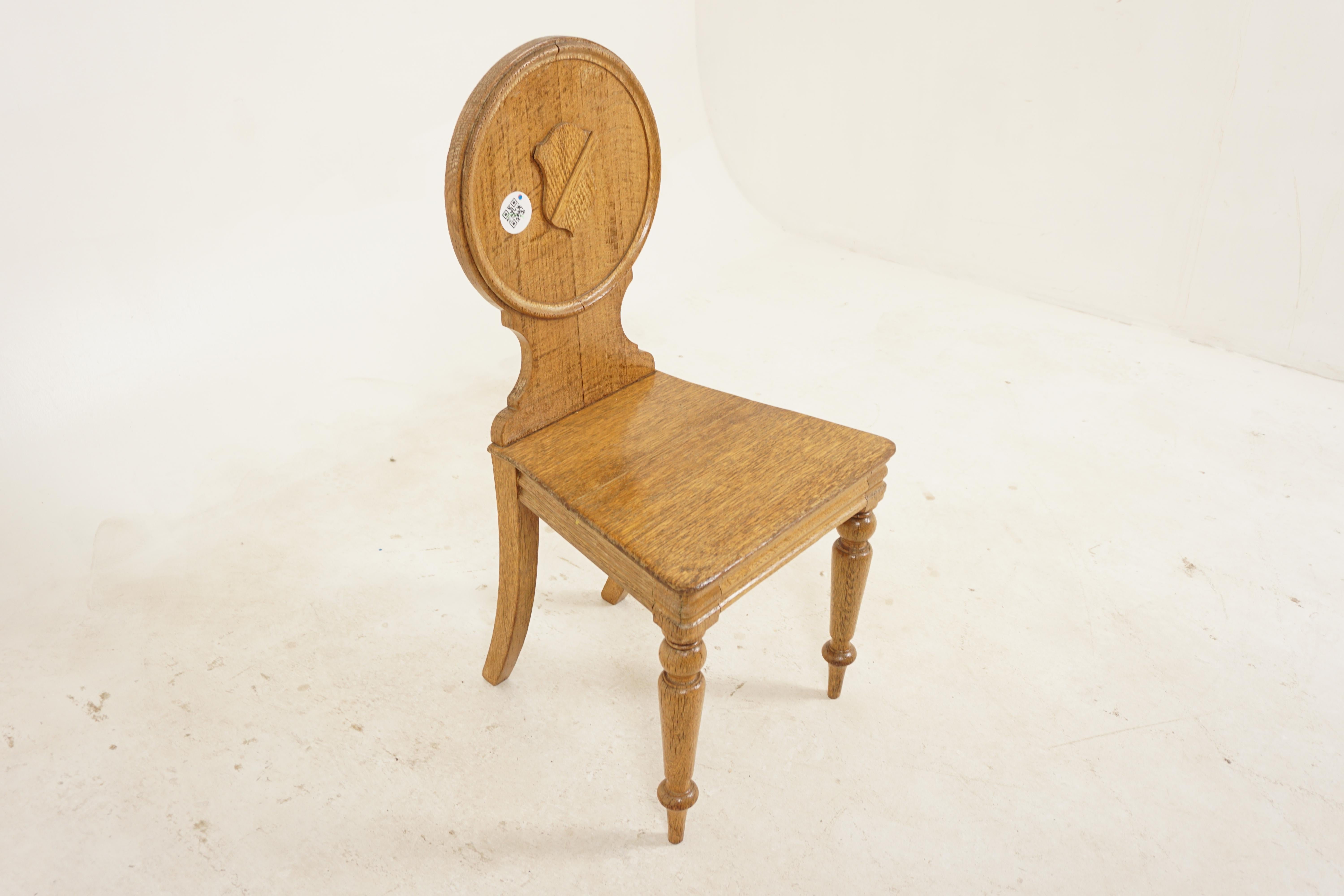 Scottish Victorian Carved Oak Shield Back Hall Chair, Scotland, 1880