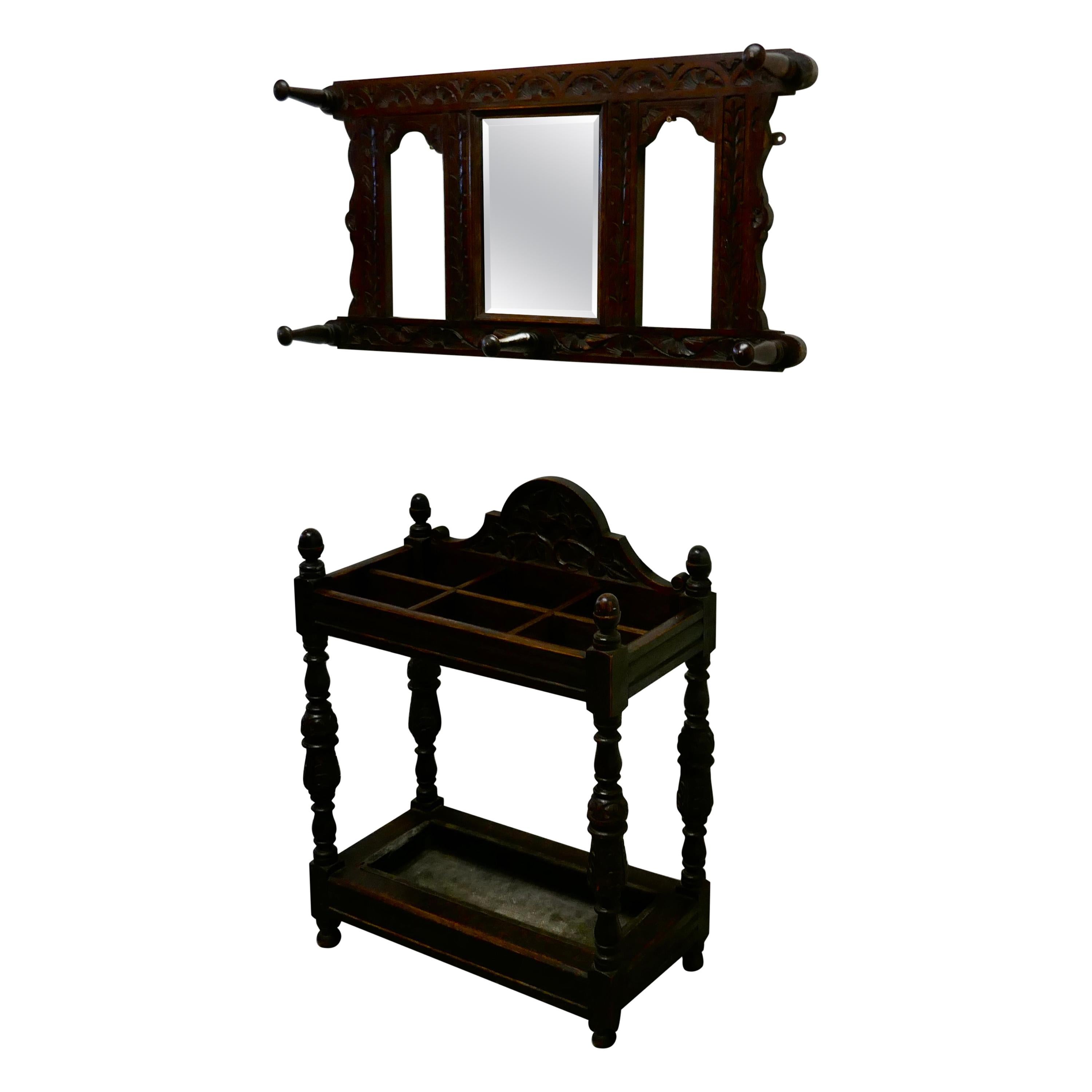 Victorian Carved Oak Stick Stand & Matching Mirror Set For Sale